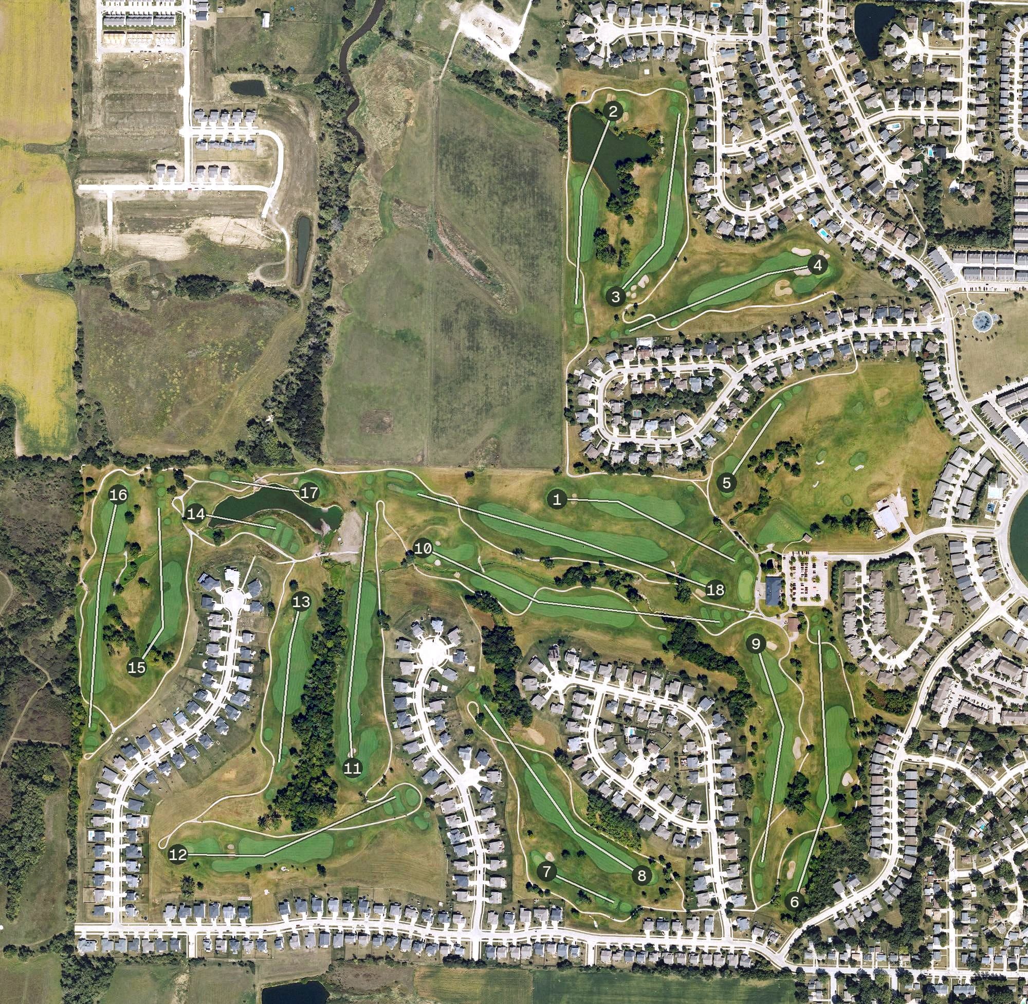 Aerial view of The Legacy Golf Club, IA, with its hole routing marked