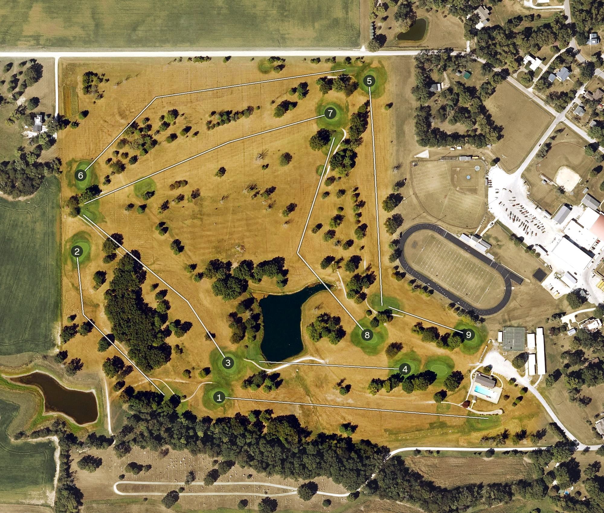 Aerial view of Van Buren Recreation Area Golf, IA, with its hole routing marked