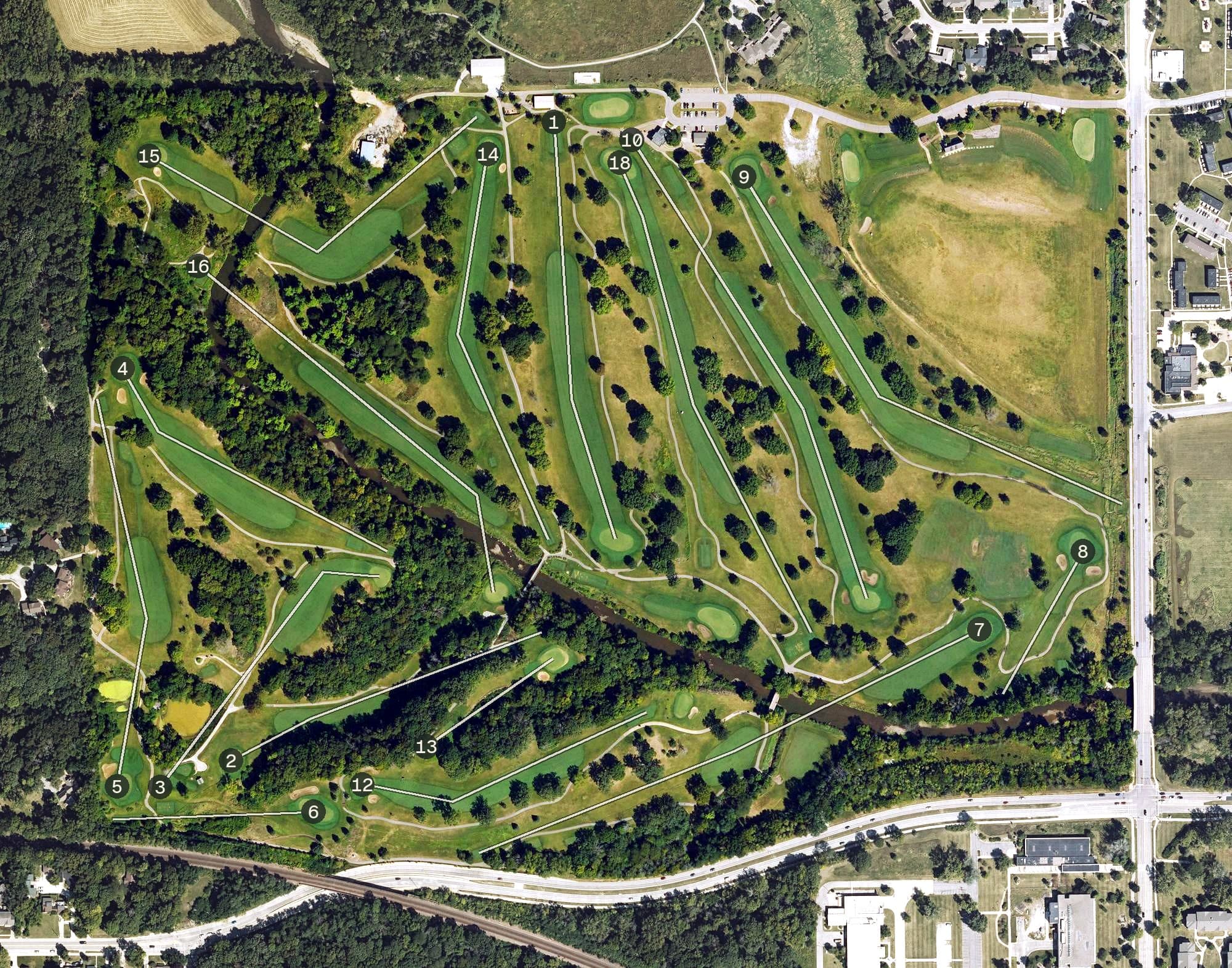Aerial view of Veenker Memorial Golf Course, IA, with its hole routing marked