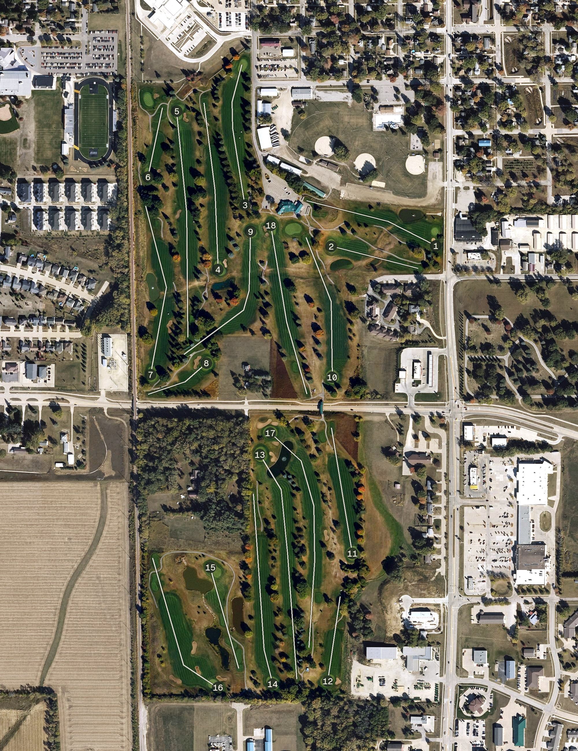 Aerial view of Waverly Municipal Golf Course, IA, with its hole routing marked