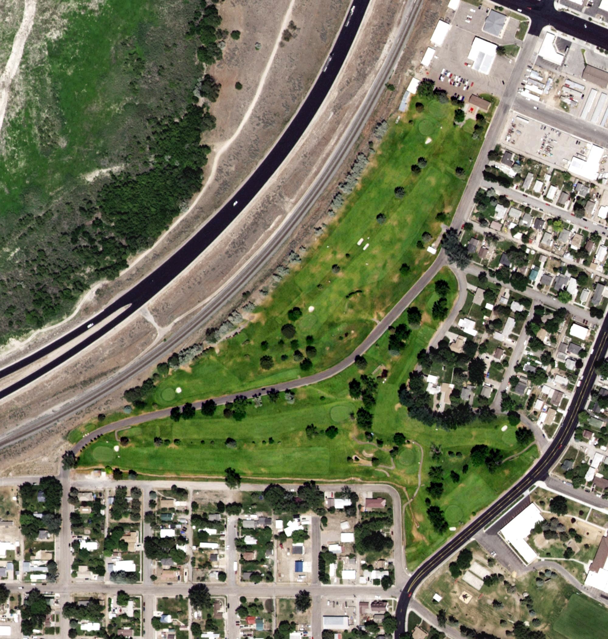 Aerial view of American Falls Golf Club, ID, with its hole routing marked