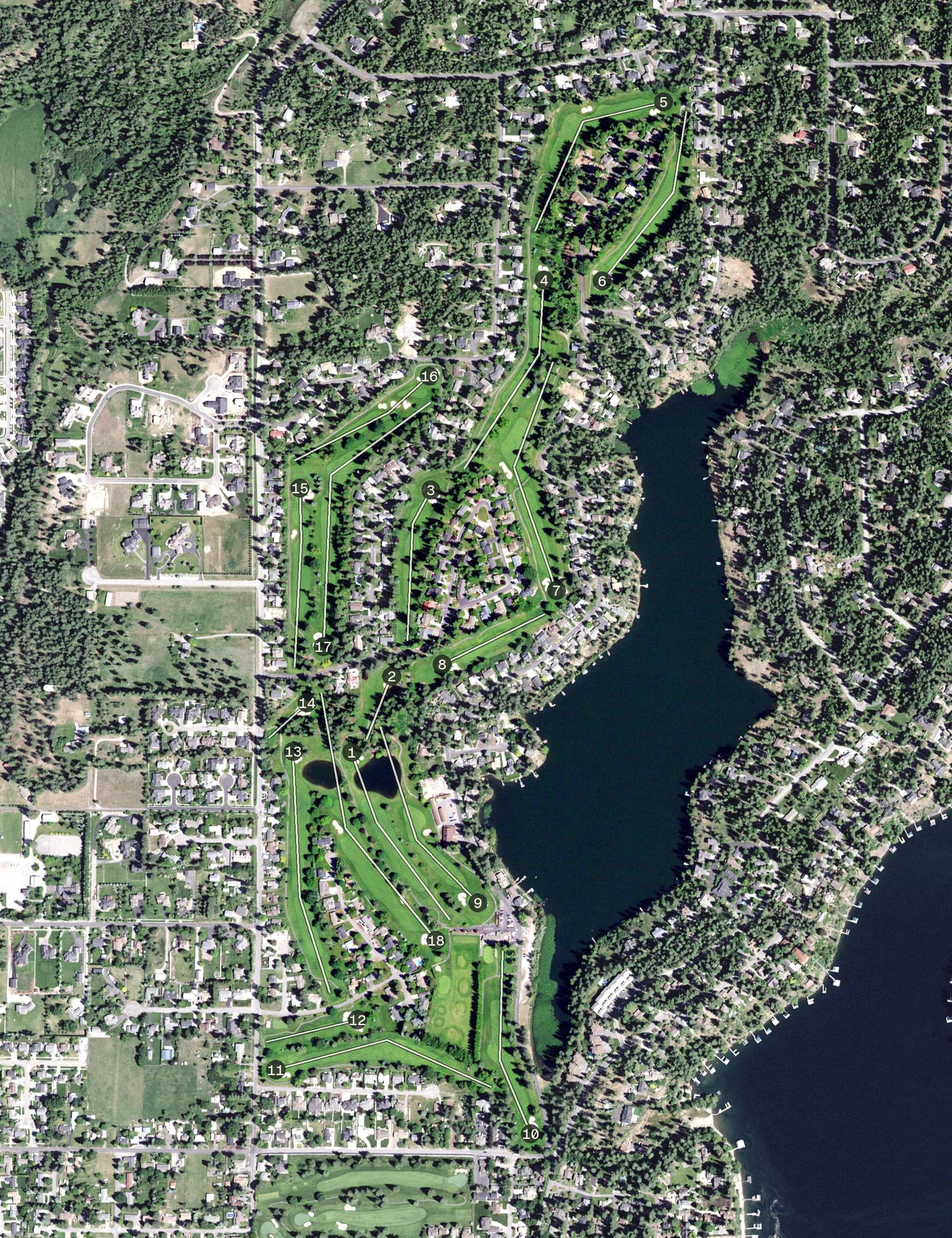 Aerial view of Avondale Golf Club, ID, with its hole routing marked