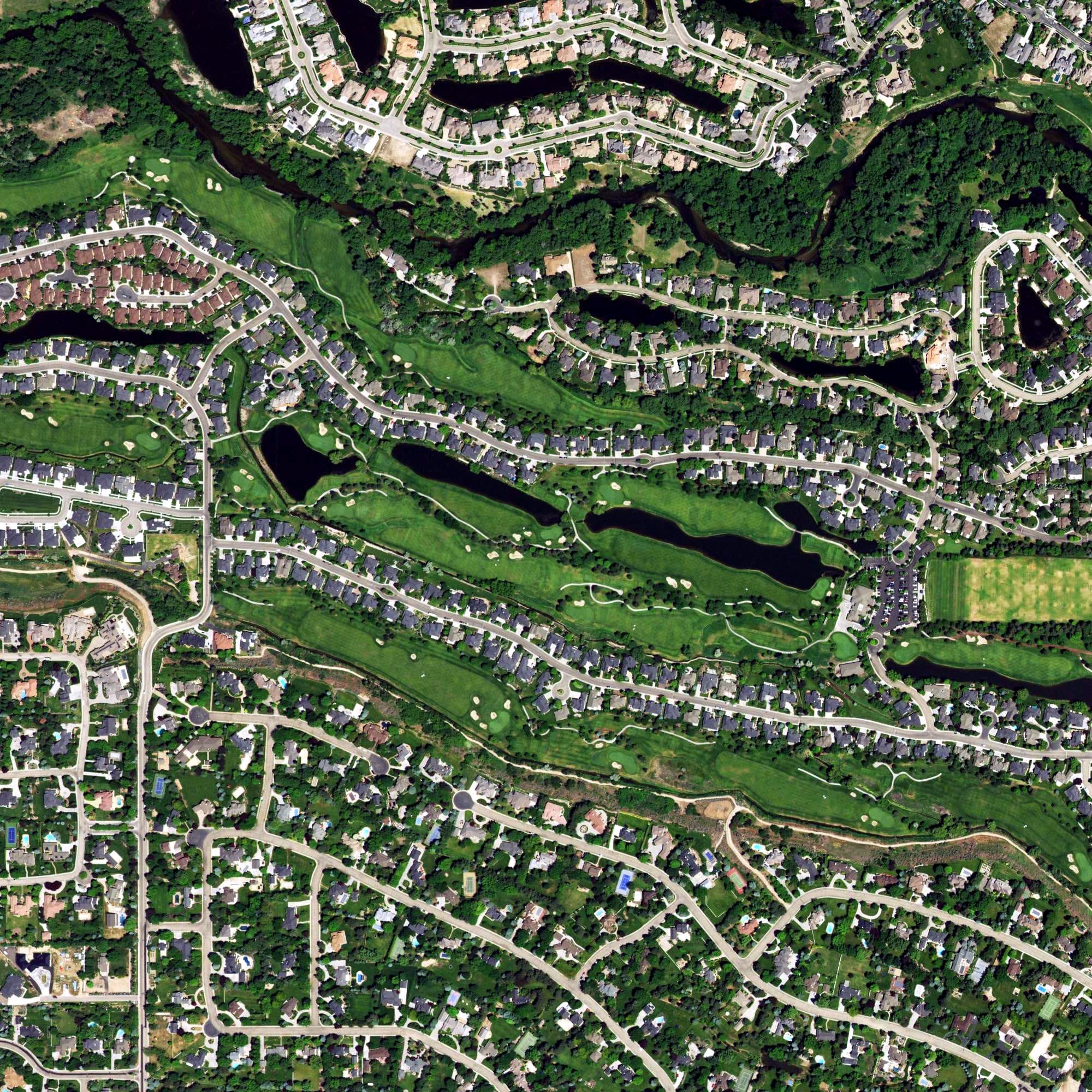 Aerial view of Banbury Golf Course, ID, with its hole routing marked