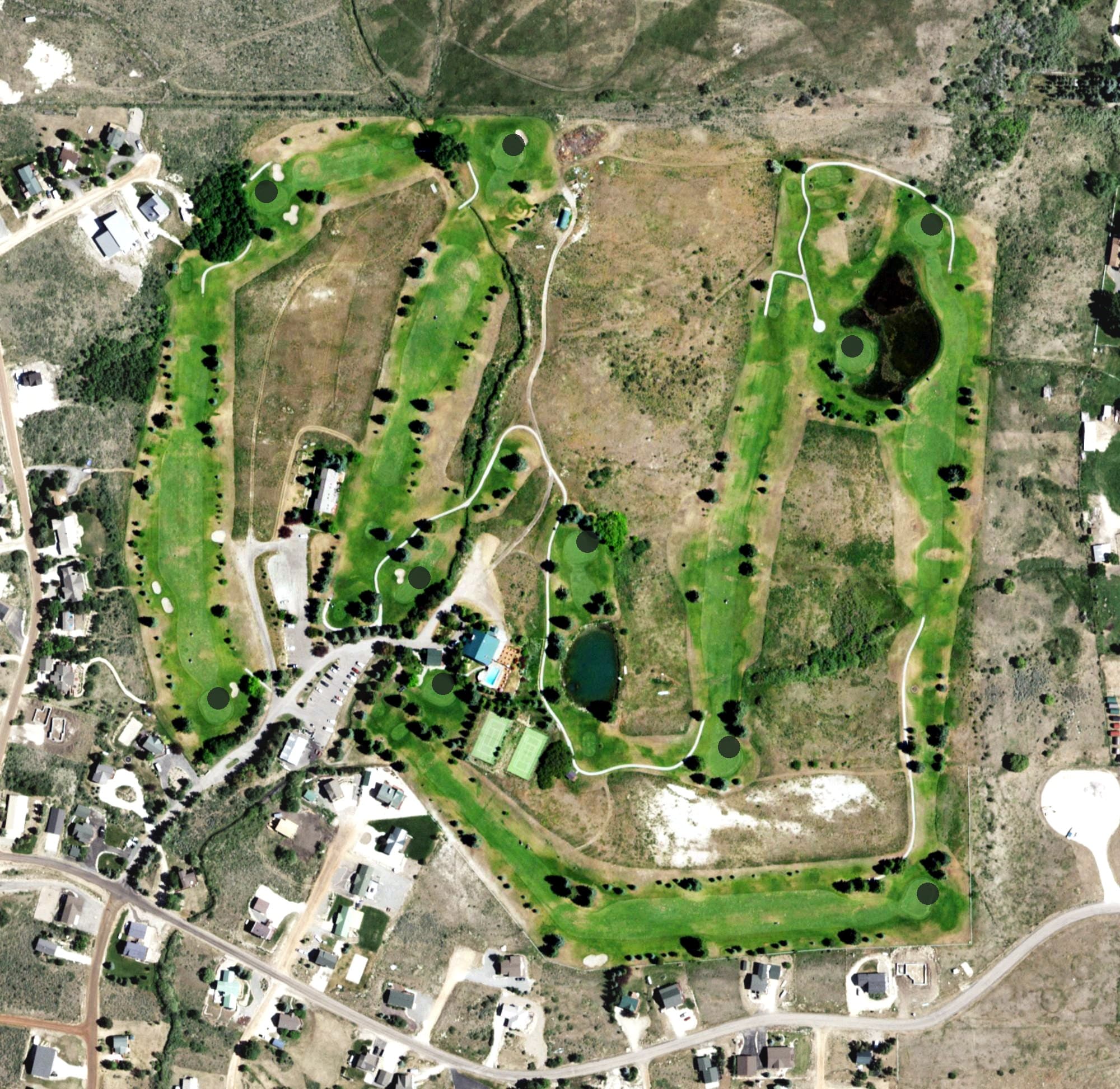 Aerial view of Bear Lake West Golf Course, ID, with its hole routing marked