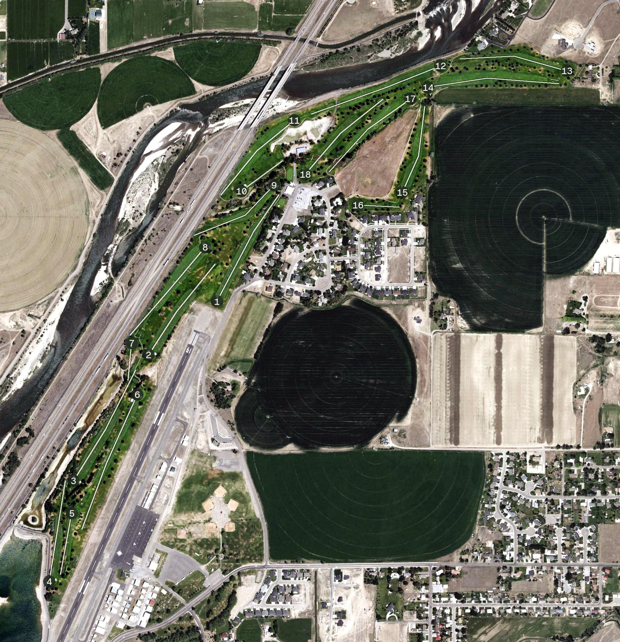 Aerial view of Blackfoot Golf Course, ID, with its hole routing marked