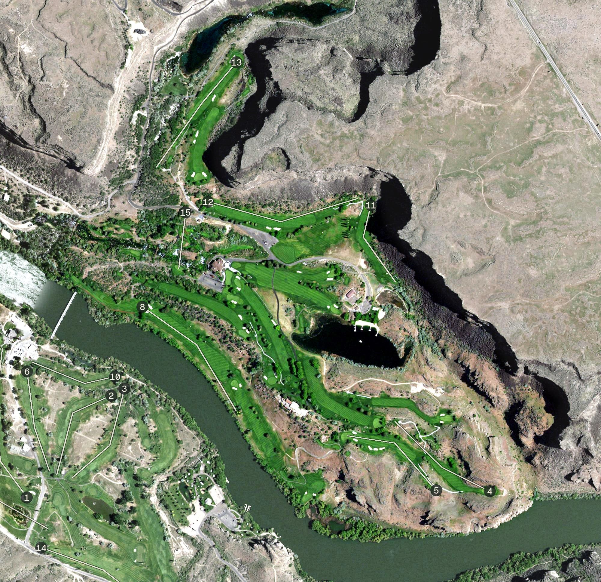 Aerial view of Blue Lakes Country Club, ID, with its hole routing marked