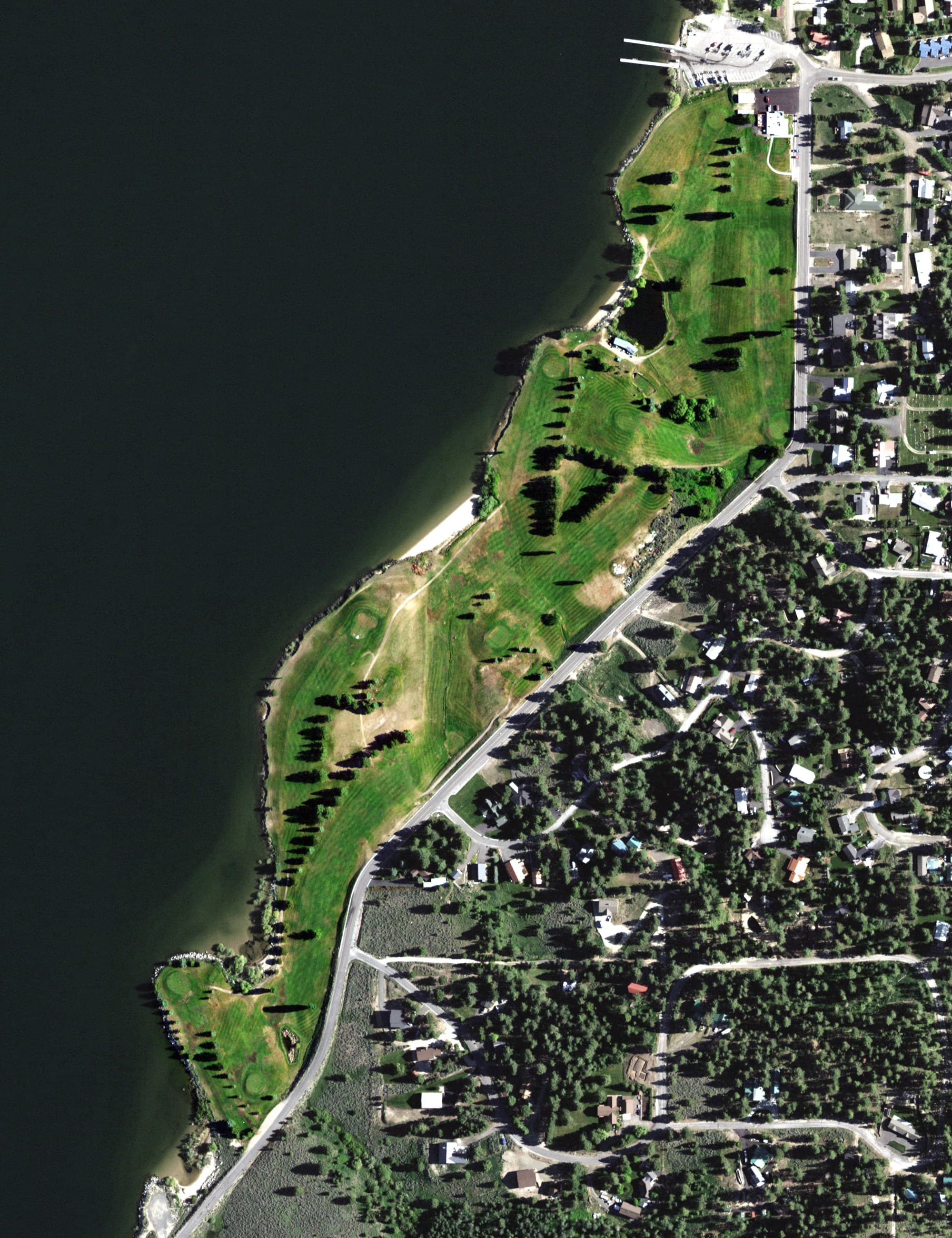 Aerial view of Cascade Golf Course, ID, with its hole routing marked