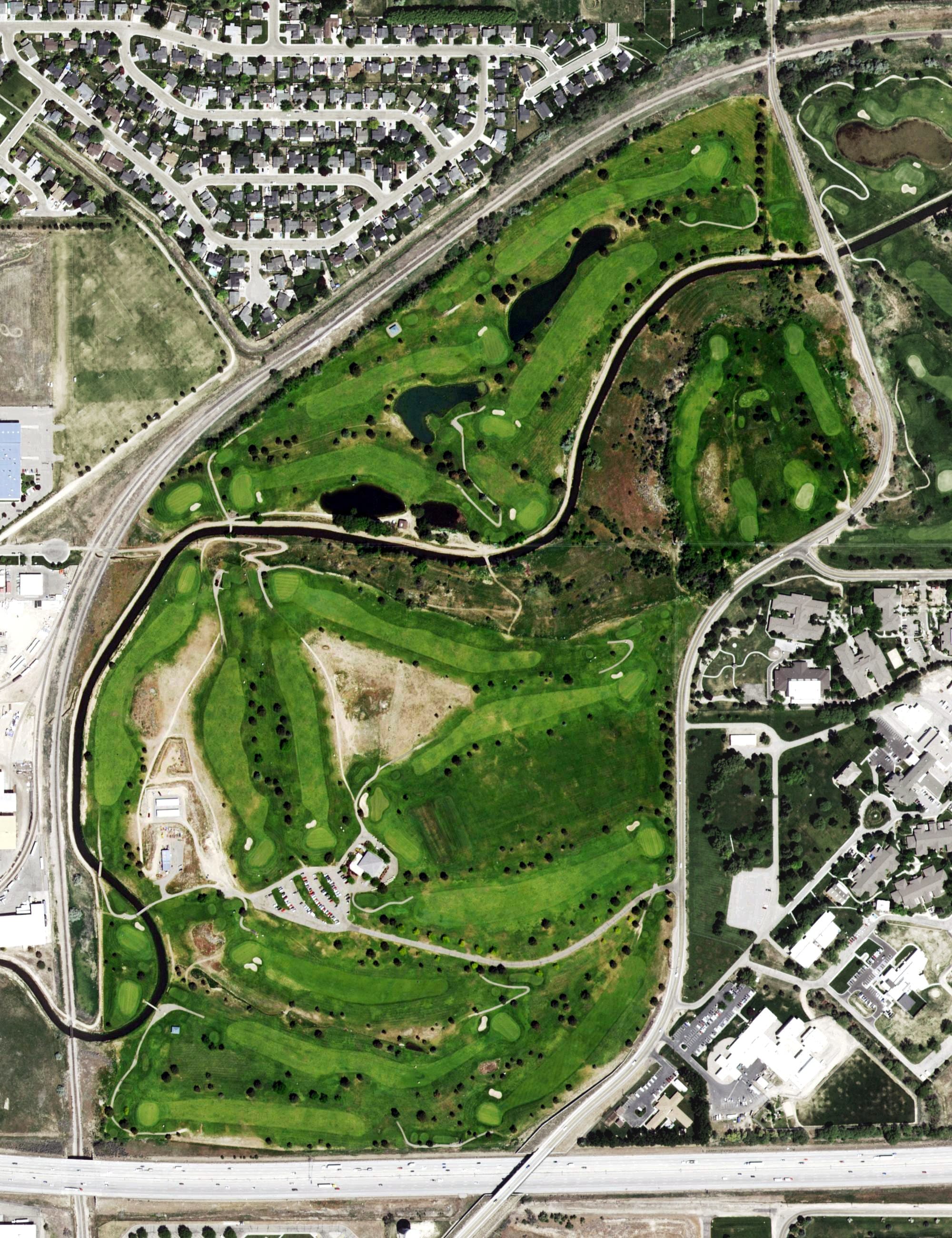 Aerial view of Centennial Golf Course, ID, with its hole routing marked