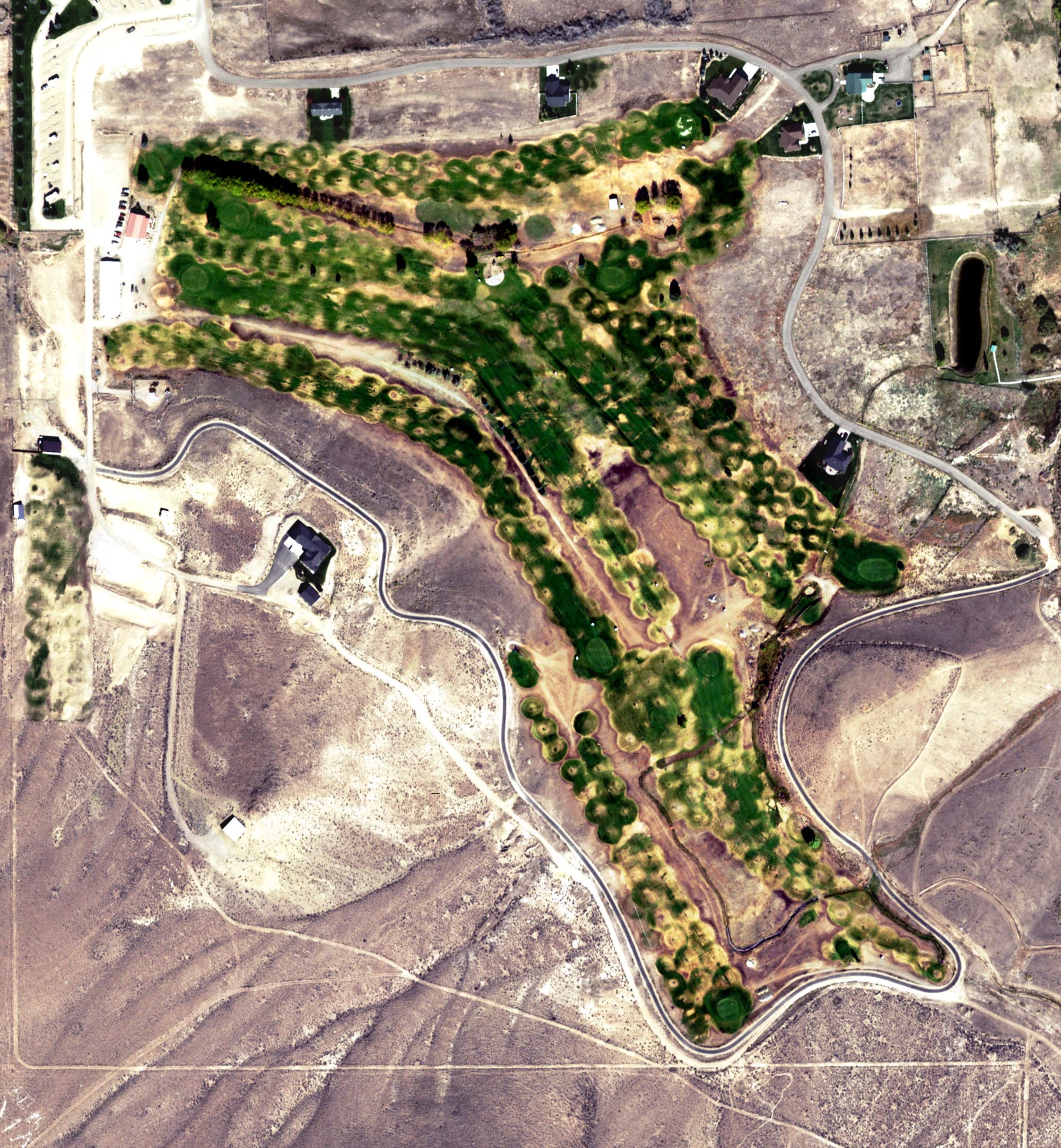 Aerial view of Challis Golf Course, ID, with its hole routing marked