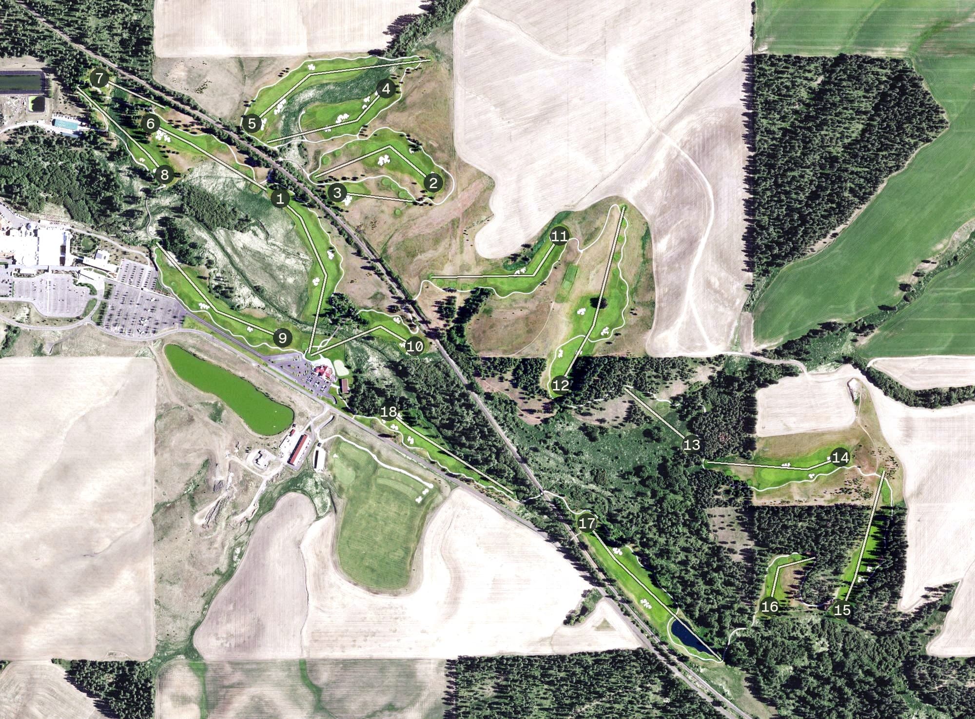 Aerial view of Circling Raven Golf Course, ID, with its hole routing marked