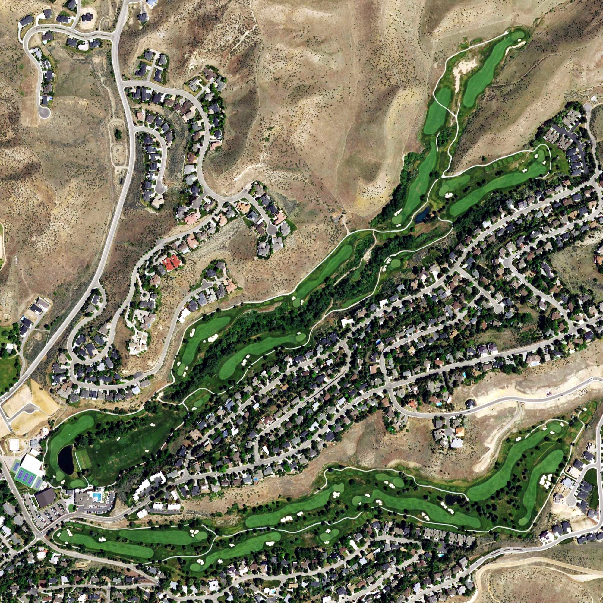 Aerial view of Crane Creek Country Club, ID, with its hole routing marked