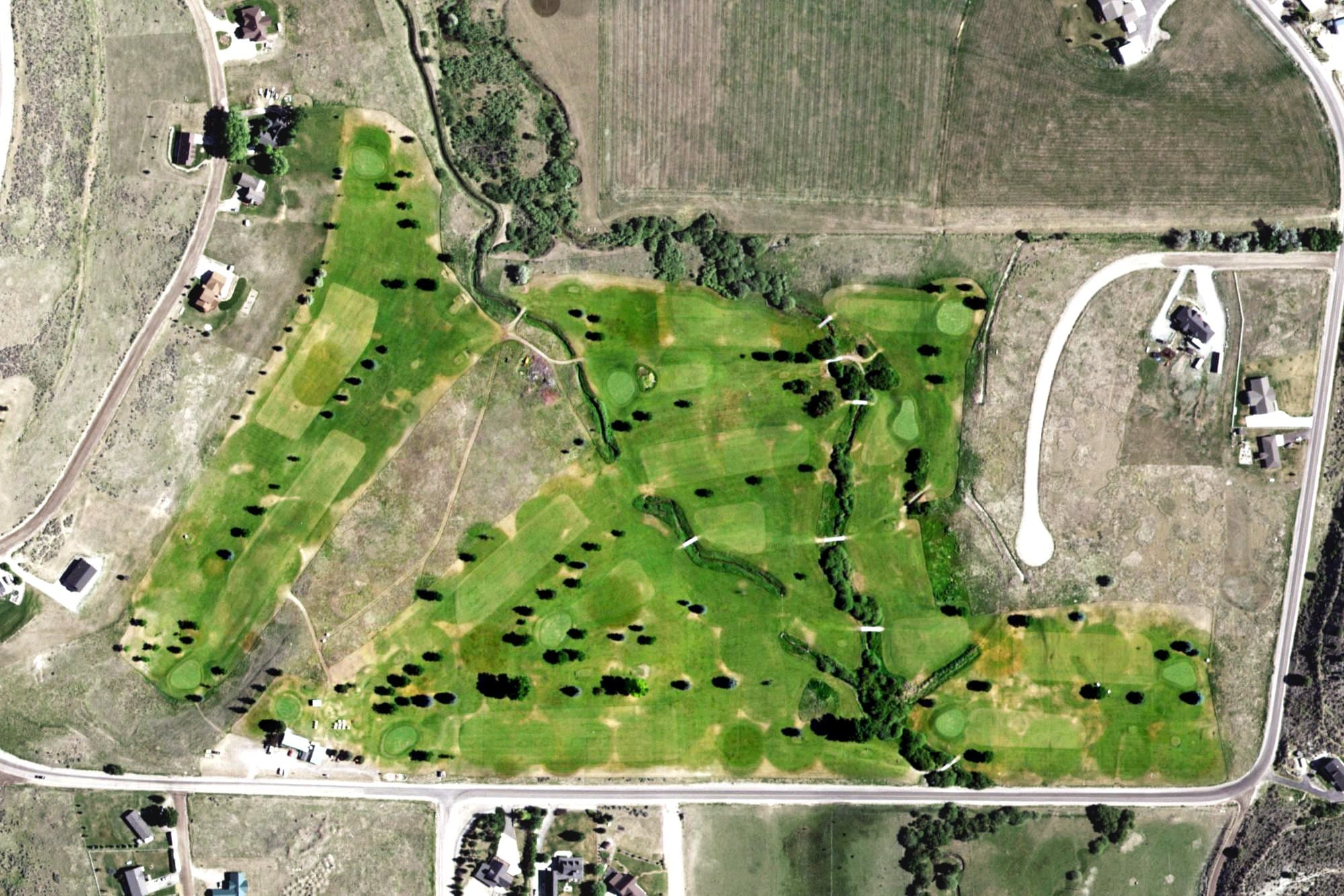 Aerial view of Dempsey Ridge Golf Course, ID, with its hole routing marked