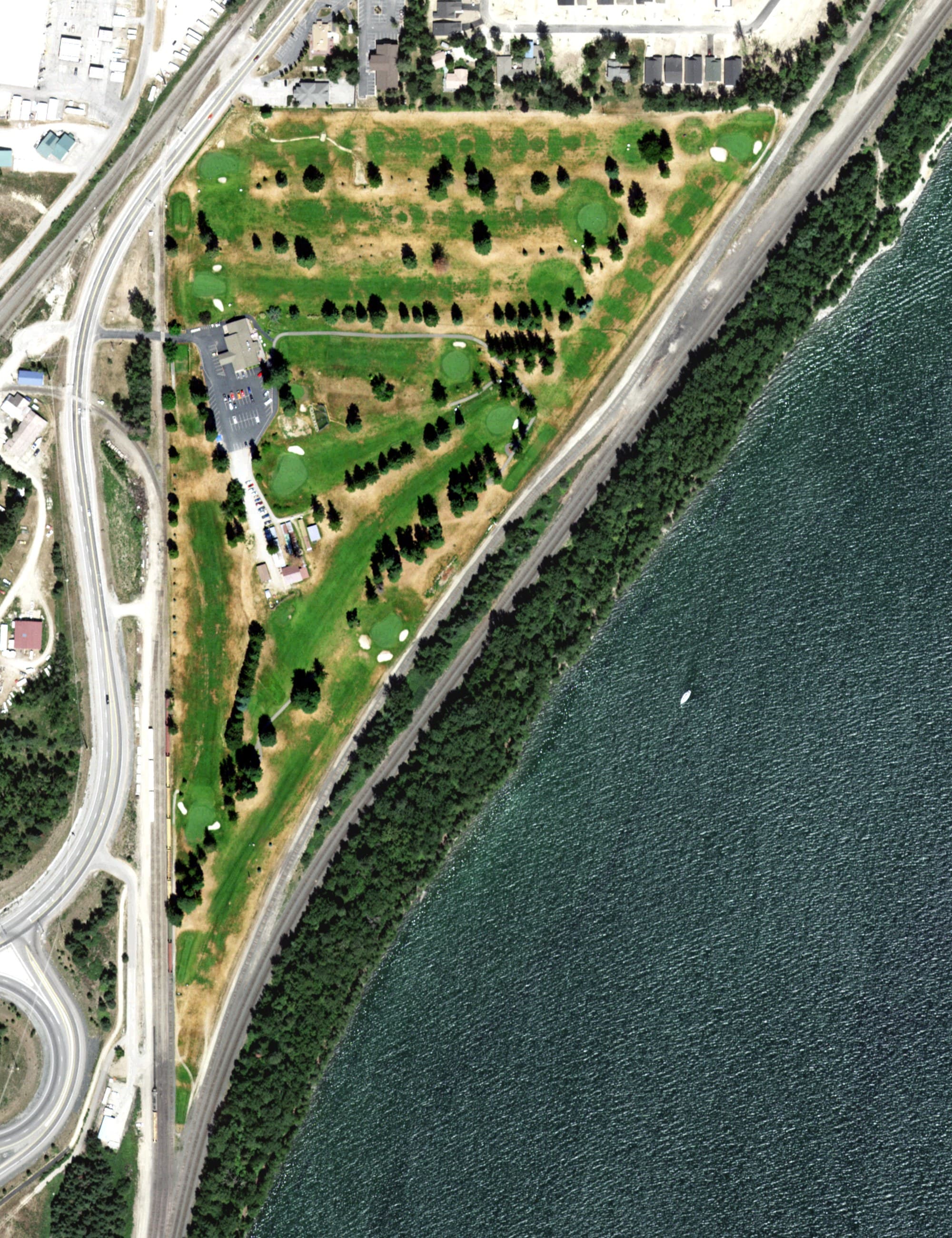 Aerial view of Elks Golf Course, ID, with its hole routing marked