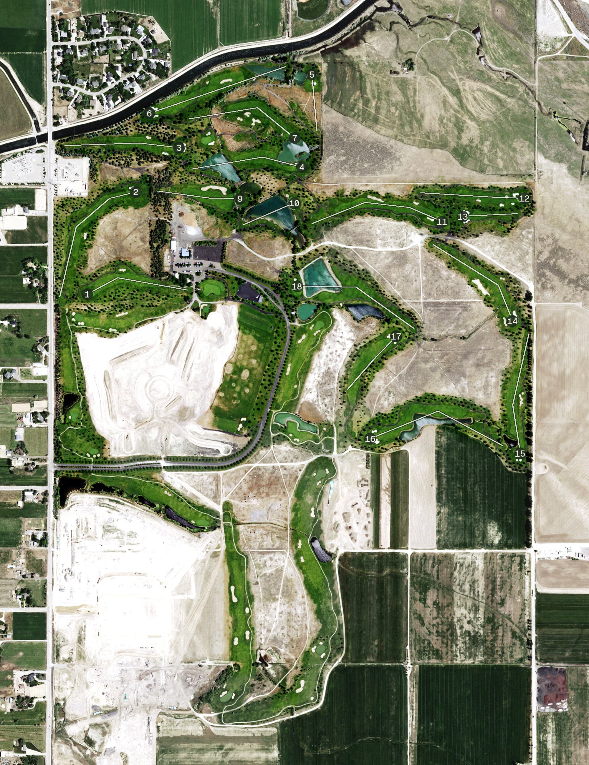 Aerial view of Falcon Crest Golf Club, ID, with its hole routing marked