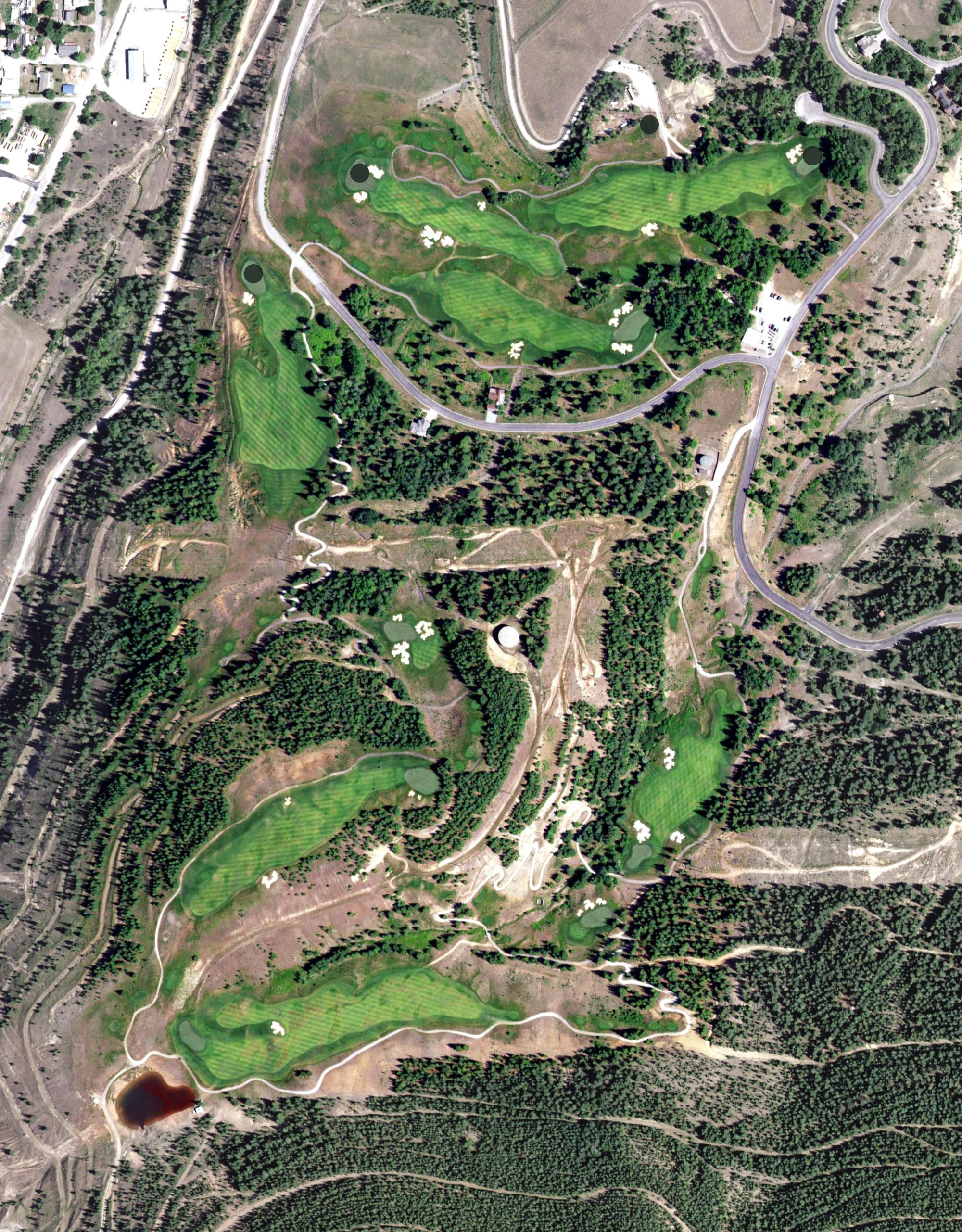 Aerial view of Galena Ridge Golf Course, ID, with its hole routing marked