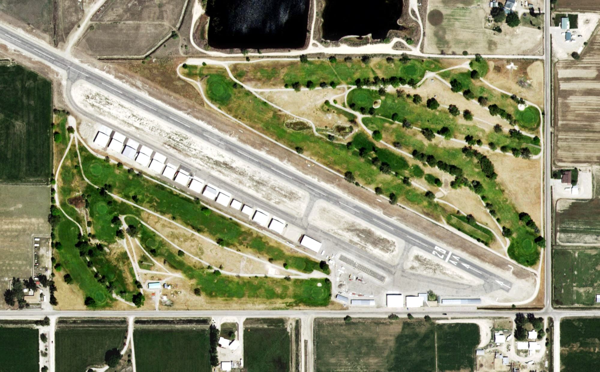 Aerial view of Gem County Golf Course, ID, with its hole routing marked