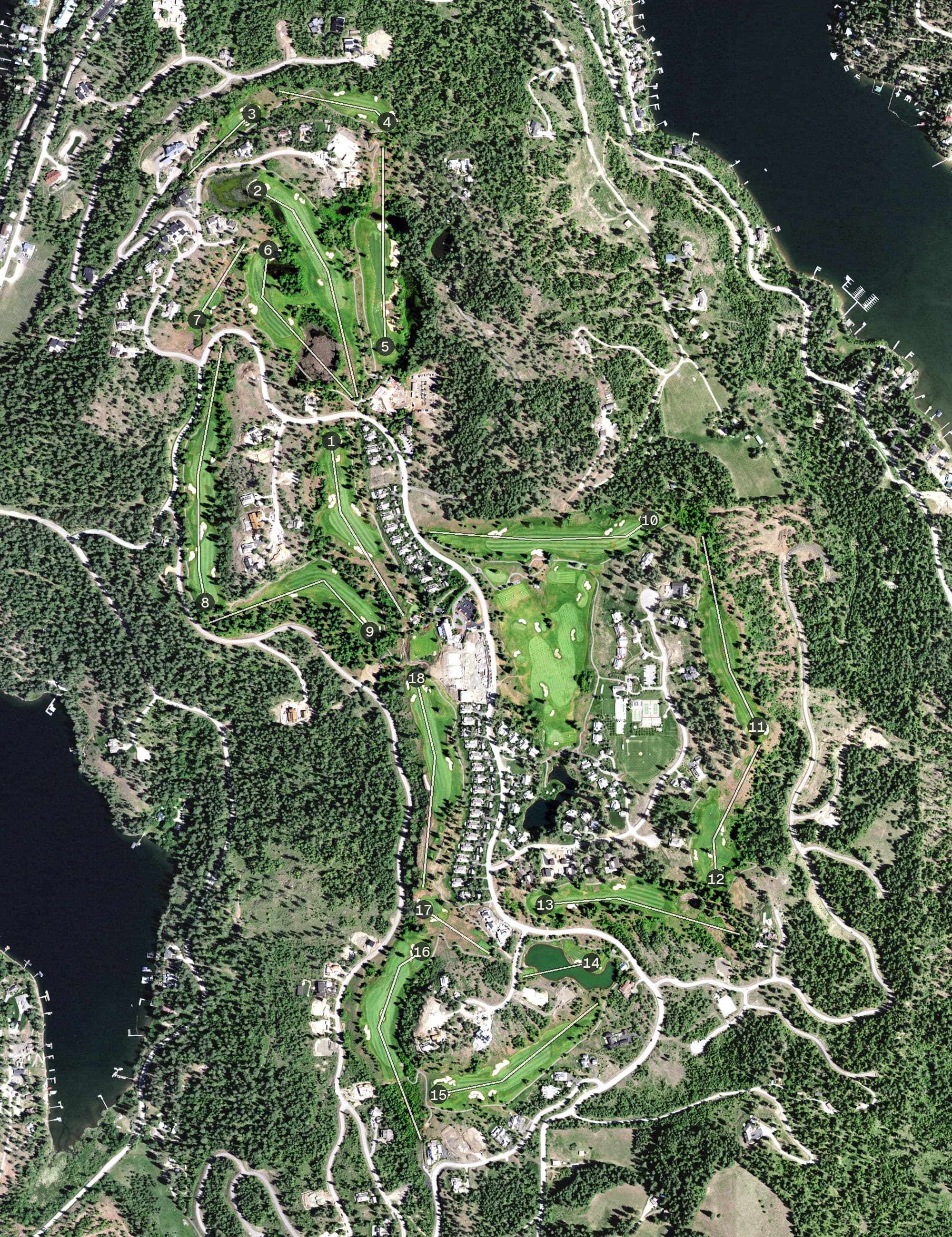 Aerial view of Gozzer Ranch Golf & Lake Club, ID, with its hole routing marked