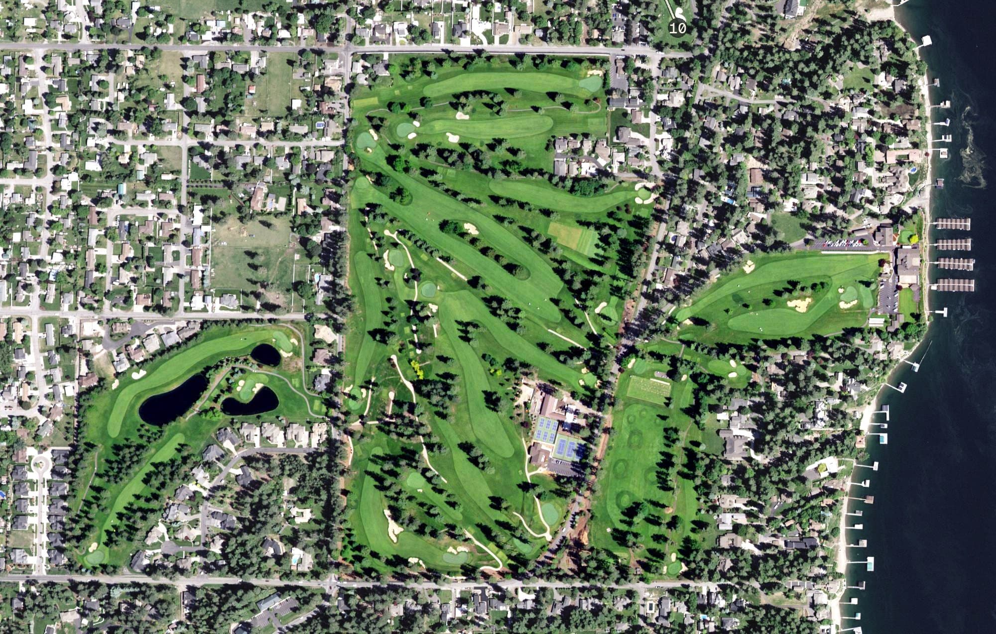 Aerial view of Hayden Lake Country Club, ID, with its hole routing marked