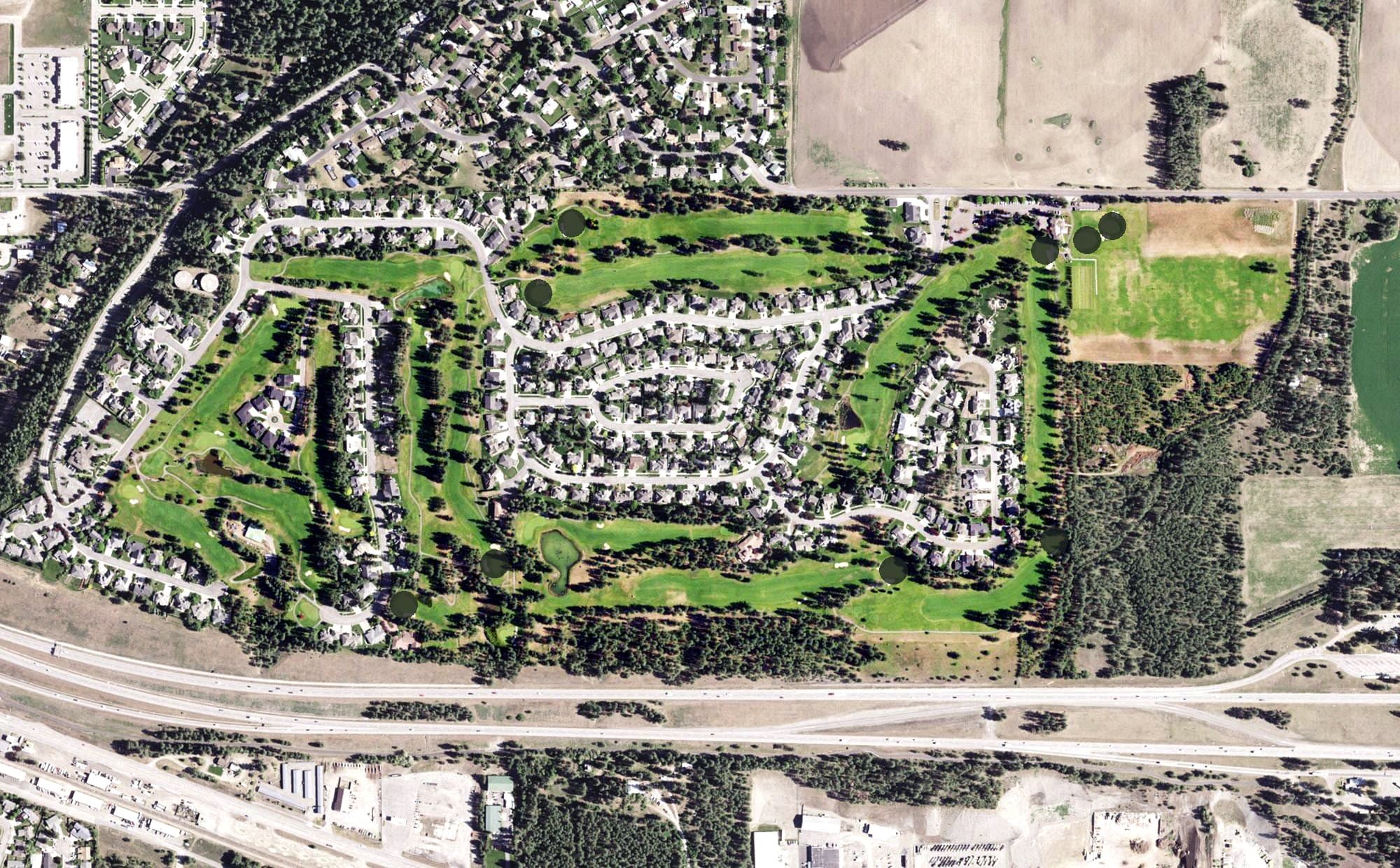 Aerial view of Highlands Golf Course, ID, with its hole routing marked