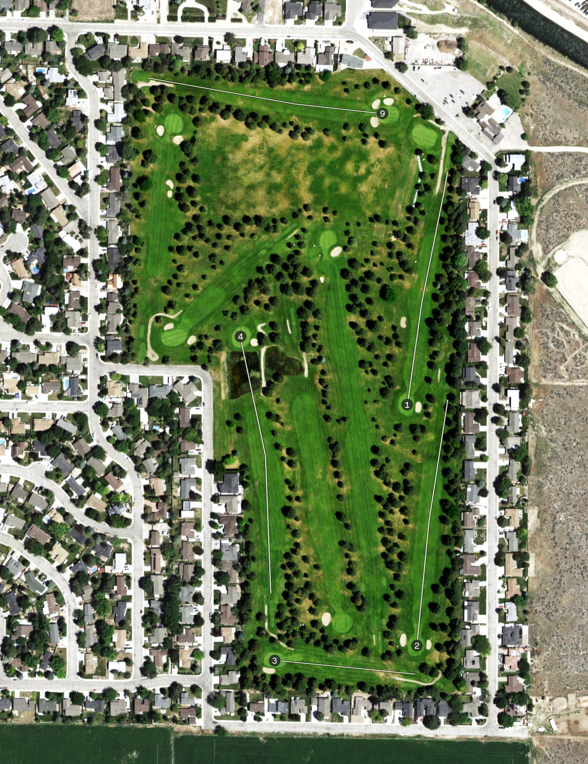 Aerial view of Indian Lakes Golf Club, ID, with its hole routing marked