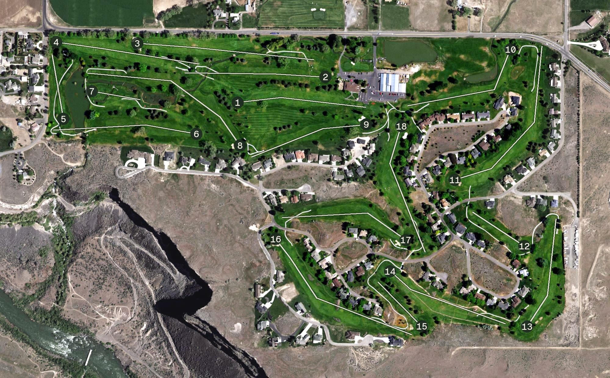Aerial view of Jerome Country Club, ID, with its hole routing marked
