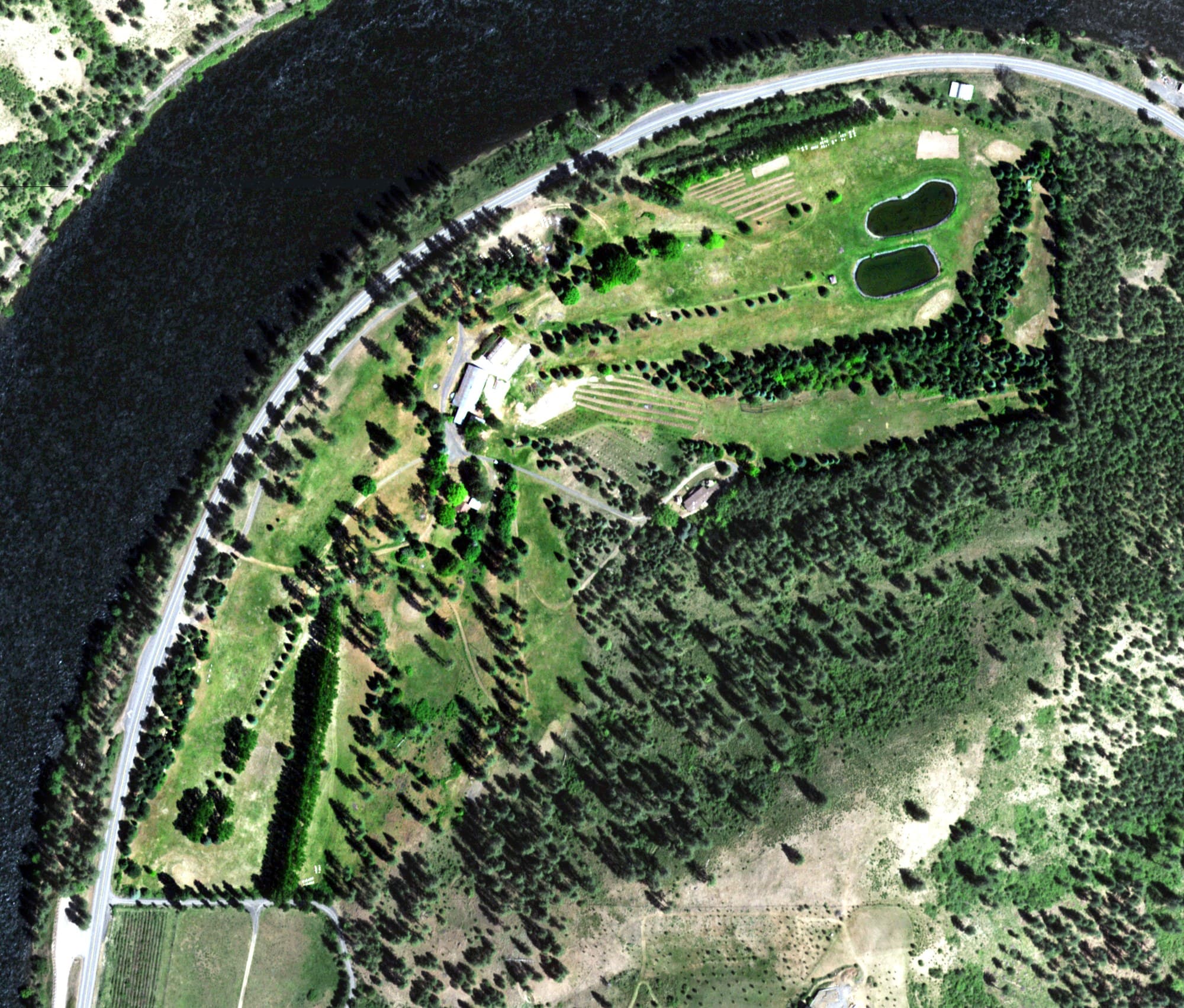 Aerial view of Kaylers Bend Golf Course, ID, with its hole routing marked
