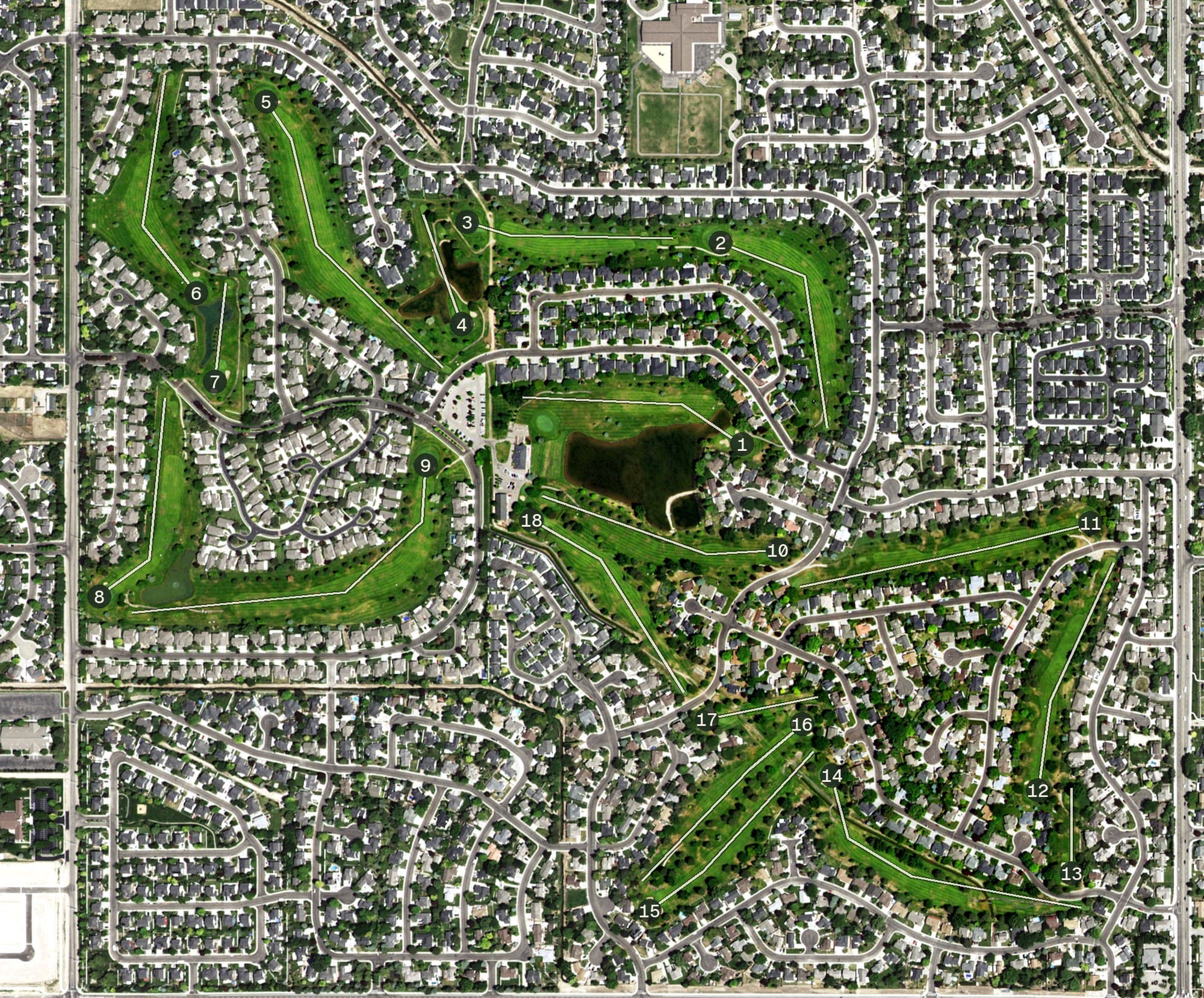 Aerial view of Lakeview Golf Course, ID, with its hole routing marked