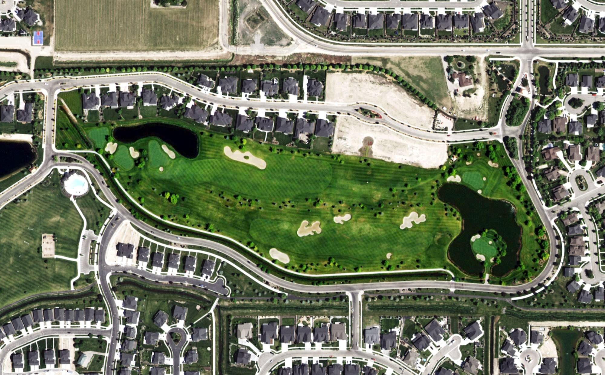 Aerial view of Legacy Golf Course, ID, with its hole routing marked