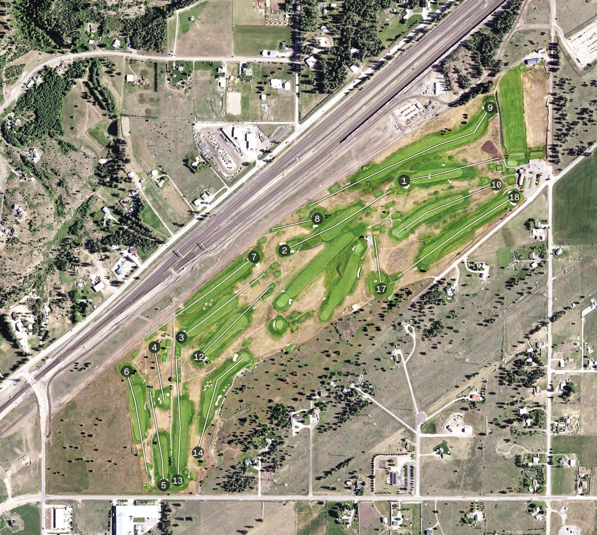 Aerial view of Links Golf Club, ID, with its hole routing marked