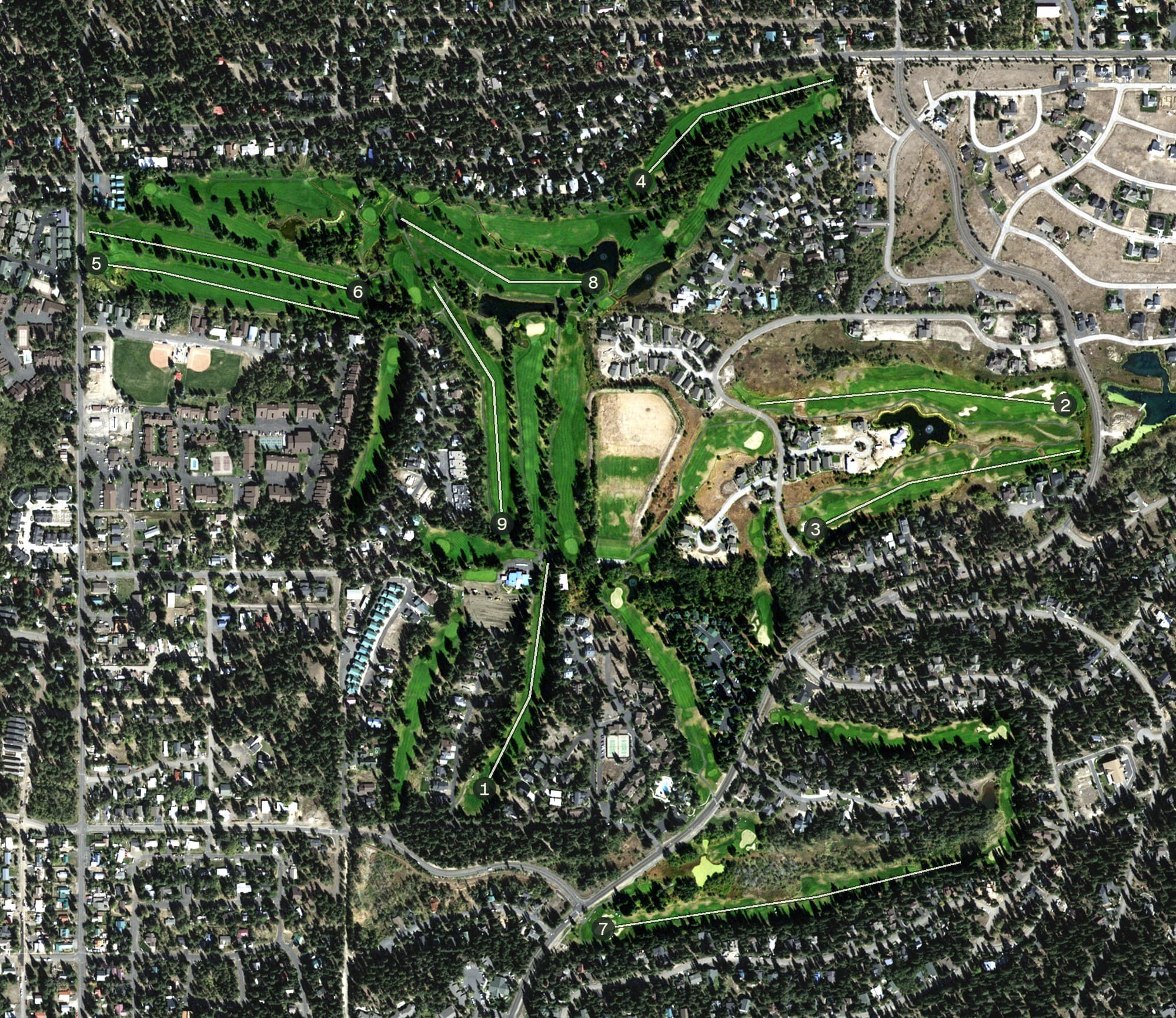 Aerial view of McCall Golf Club, ID, with its hole routing marked