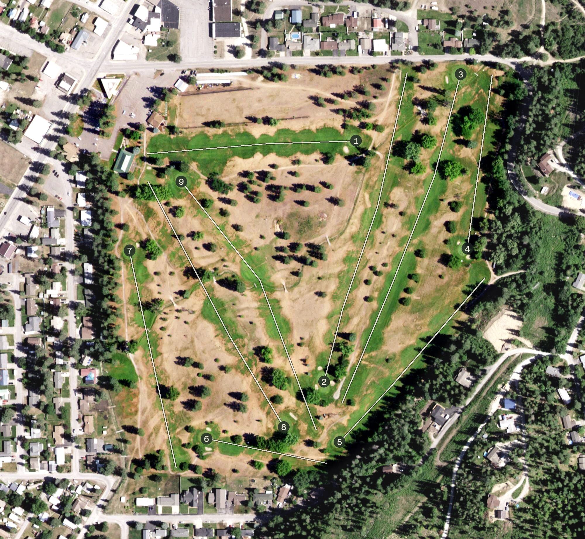 Aerial view of Pinehurst Golf Course, ID, with its hole routing marked