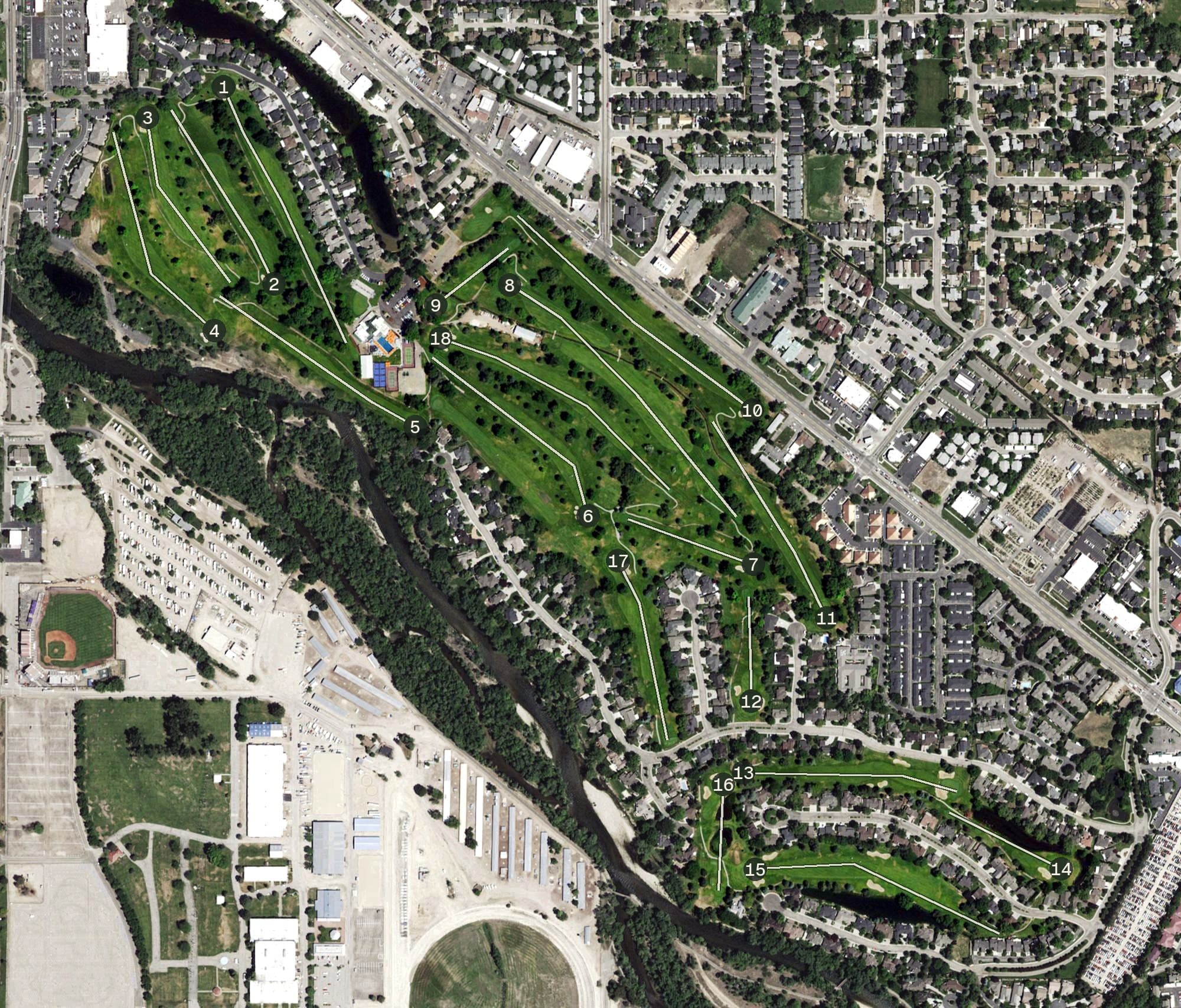 Aerial view of Plantation Country Club, ID, with its hole routing marked