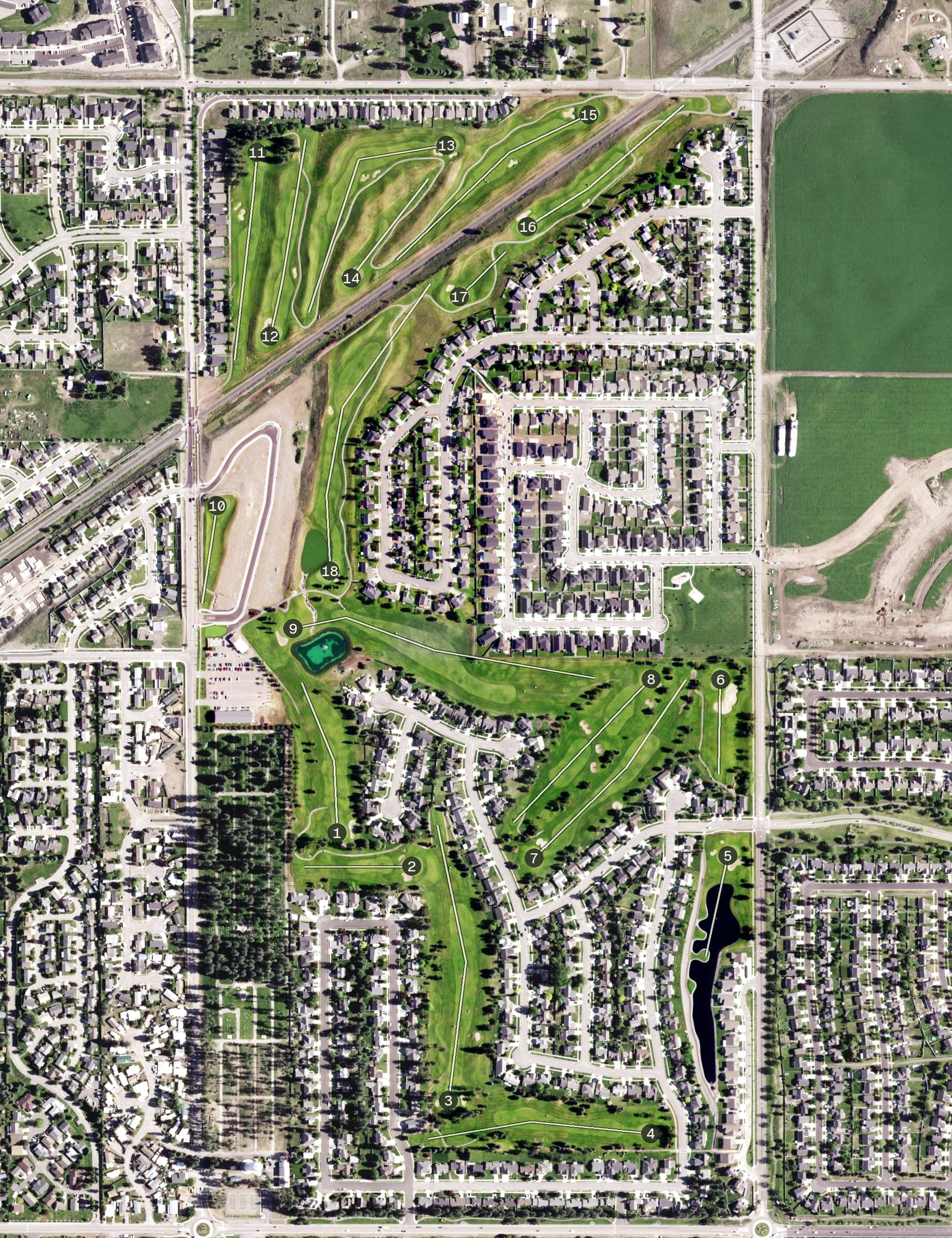 Aerial view of Prairie Falls Golf Course, ID, with its hole routing marked