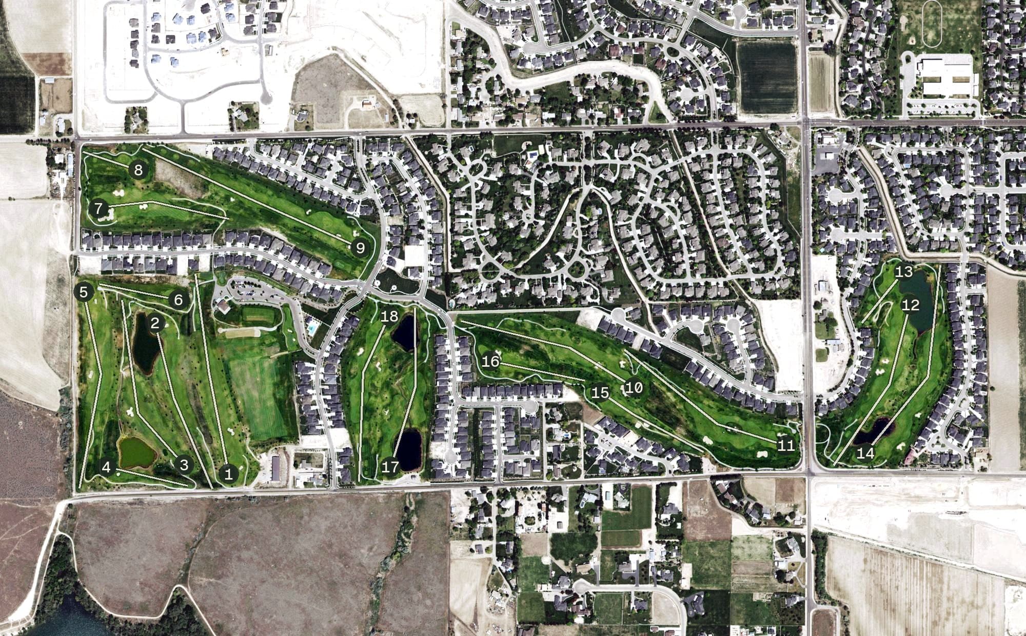 Aerial view of RedHawk Golf Course, ID, with its hole routing marked