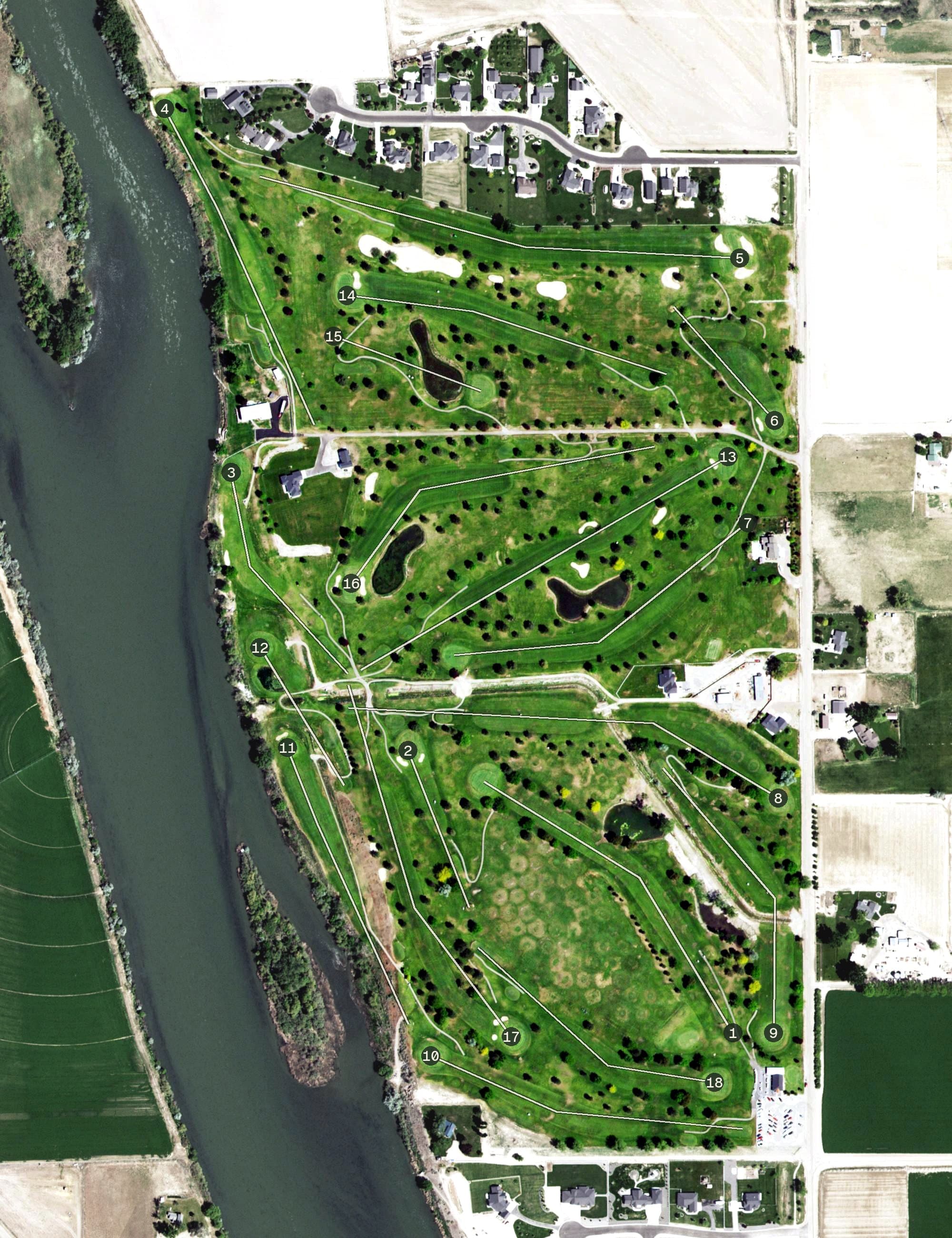 Aerial view of River Bend Golf Course, ID, with its hole routing marked