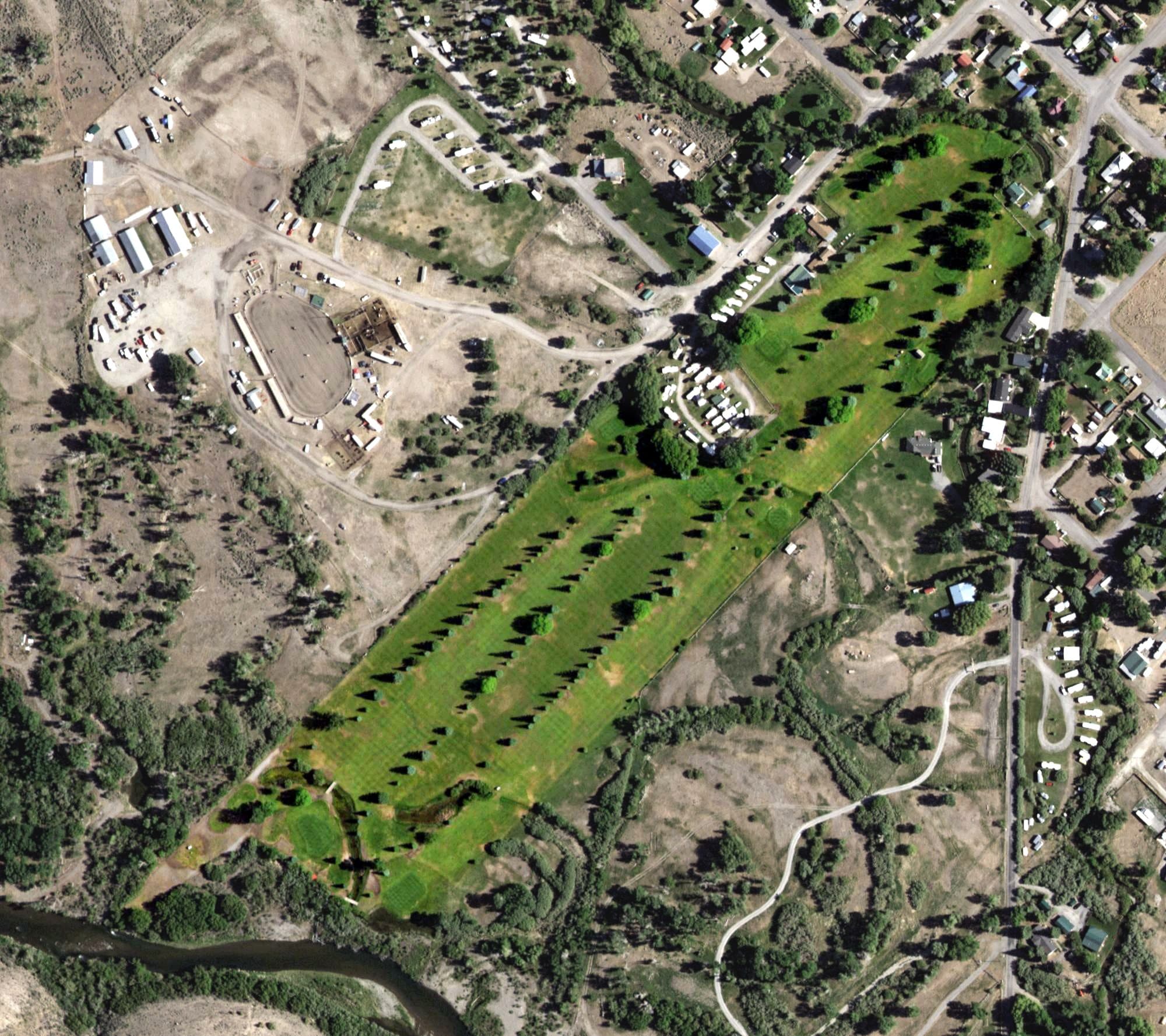 Aerial view of River Park Golf Course, ID, with its hole routing marked