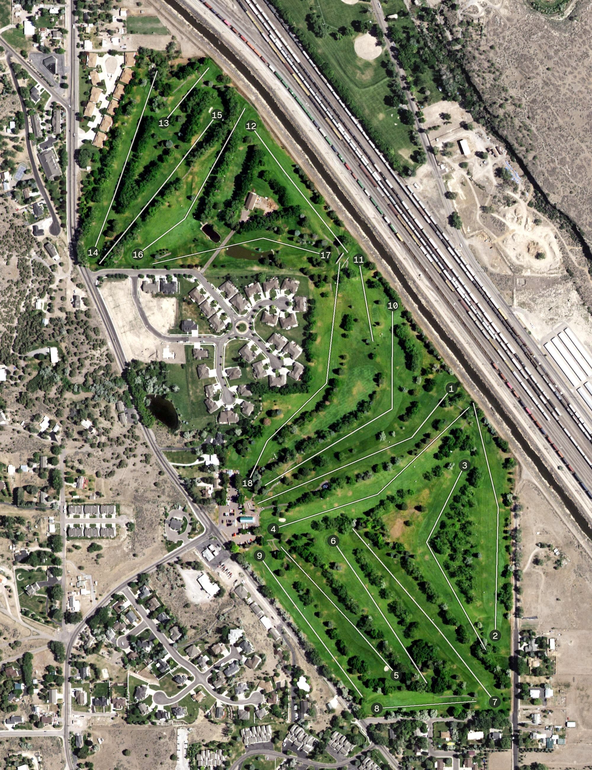 Aerial view of Riverside Golf Course, ID, with its hole routing marked