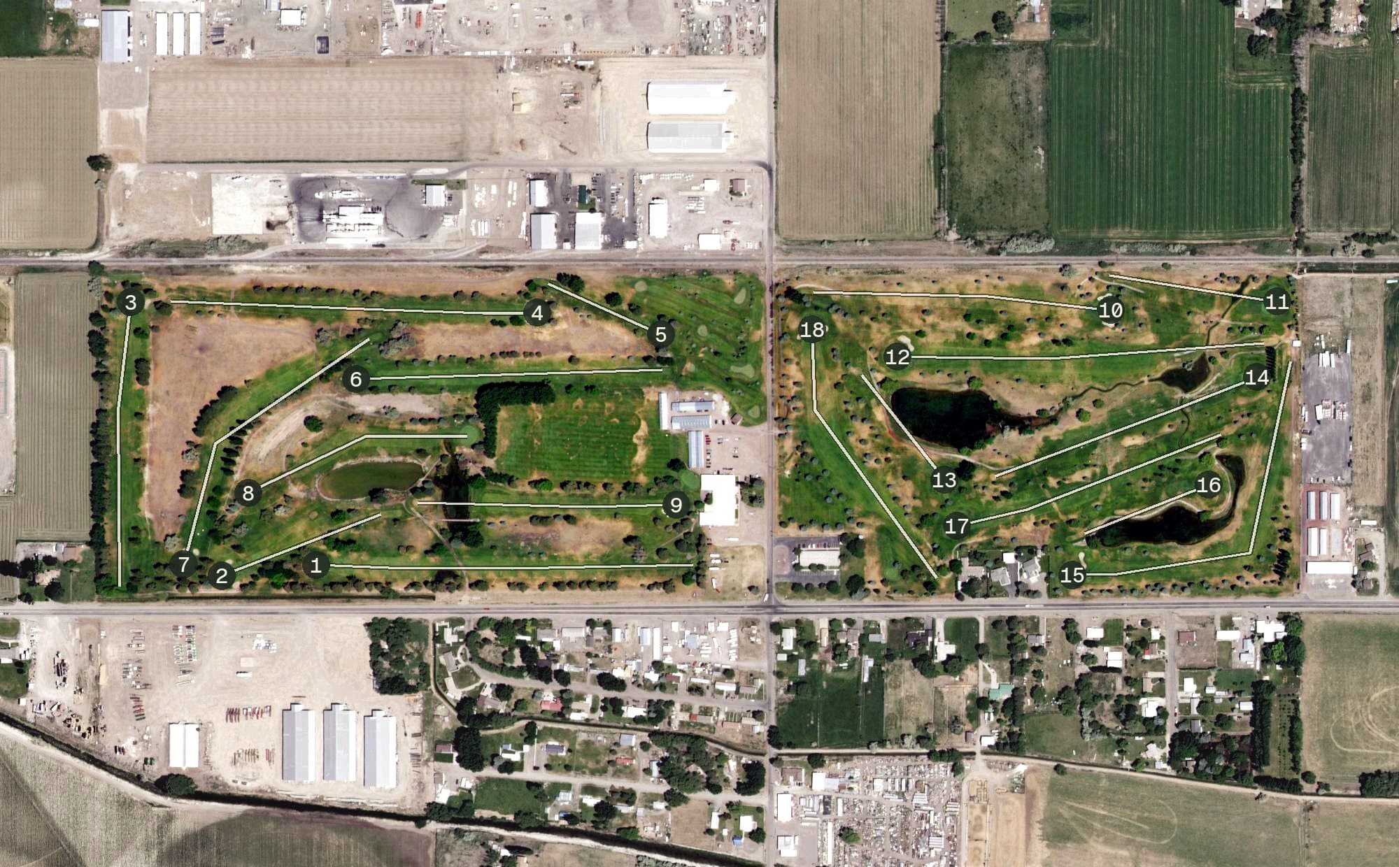 Aerial view of Rupert Country Club, ID, with its hole routing marked