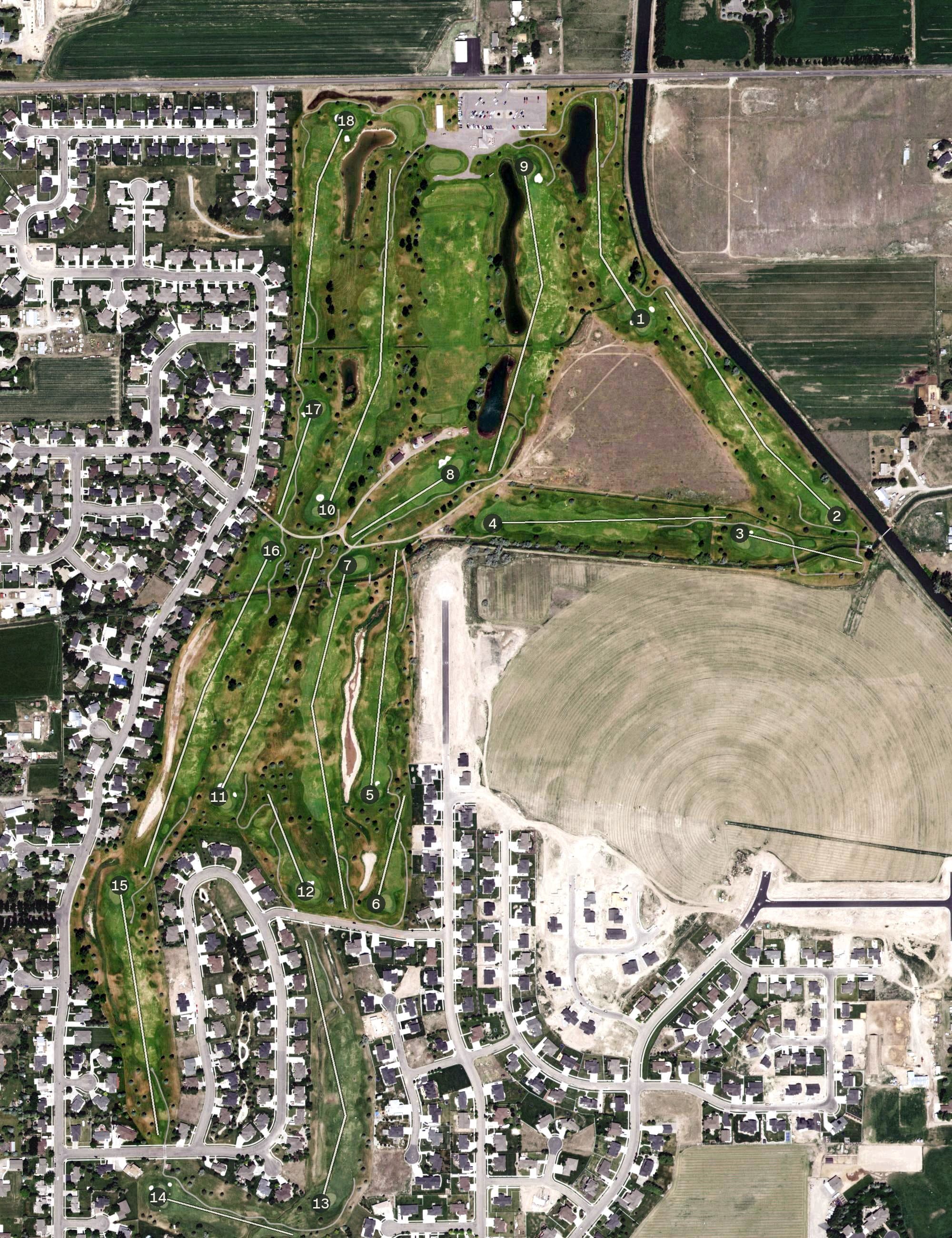 Aerial view of Sage Lakes Golf Course, ID, with its hole routing marked