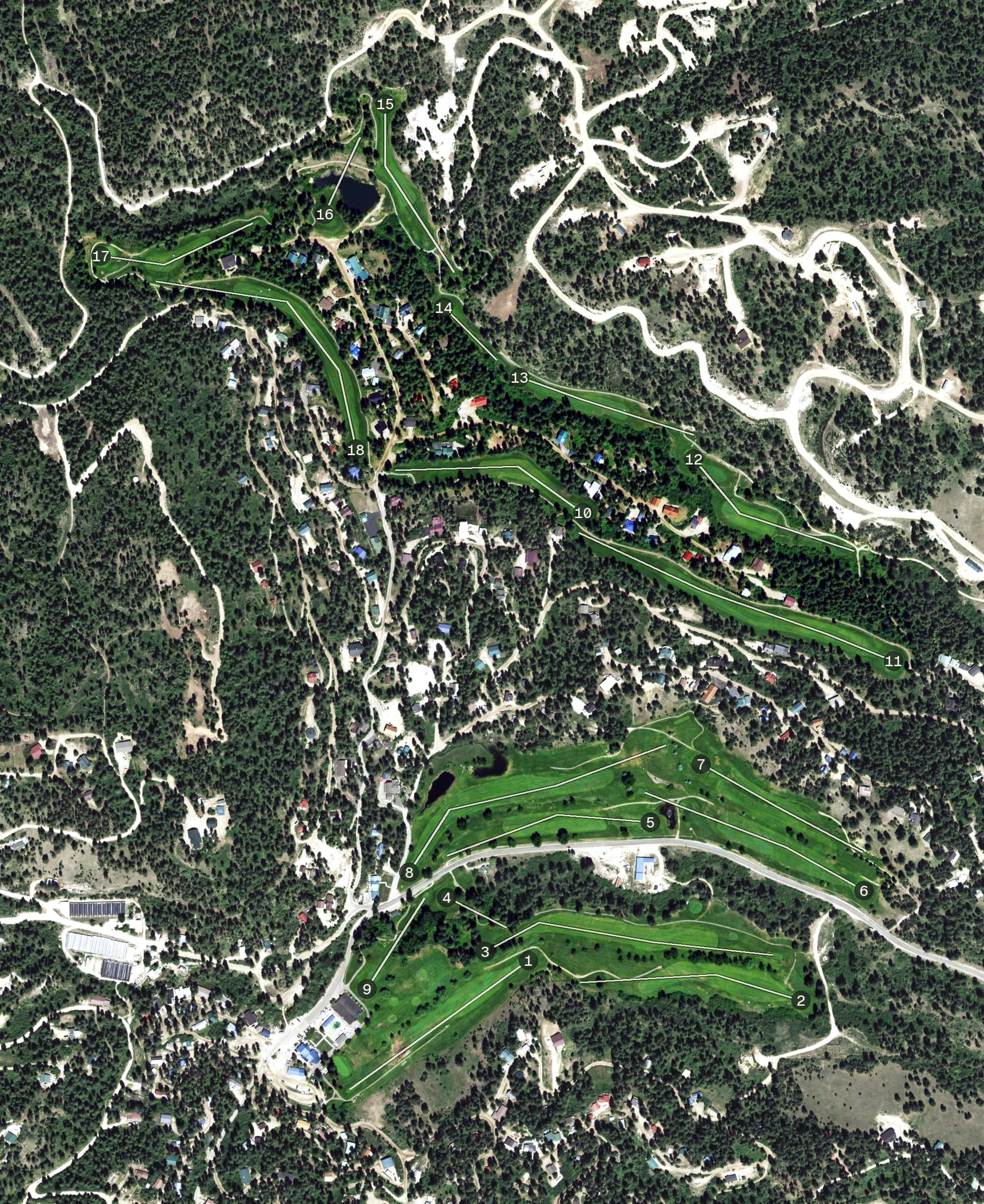 Aerial view of Terrace Lakes Resort Golf Course, ID, with its hole routing marked