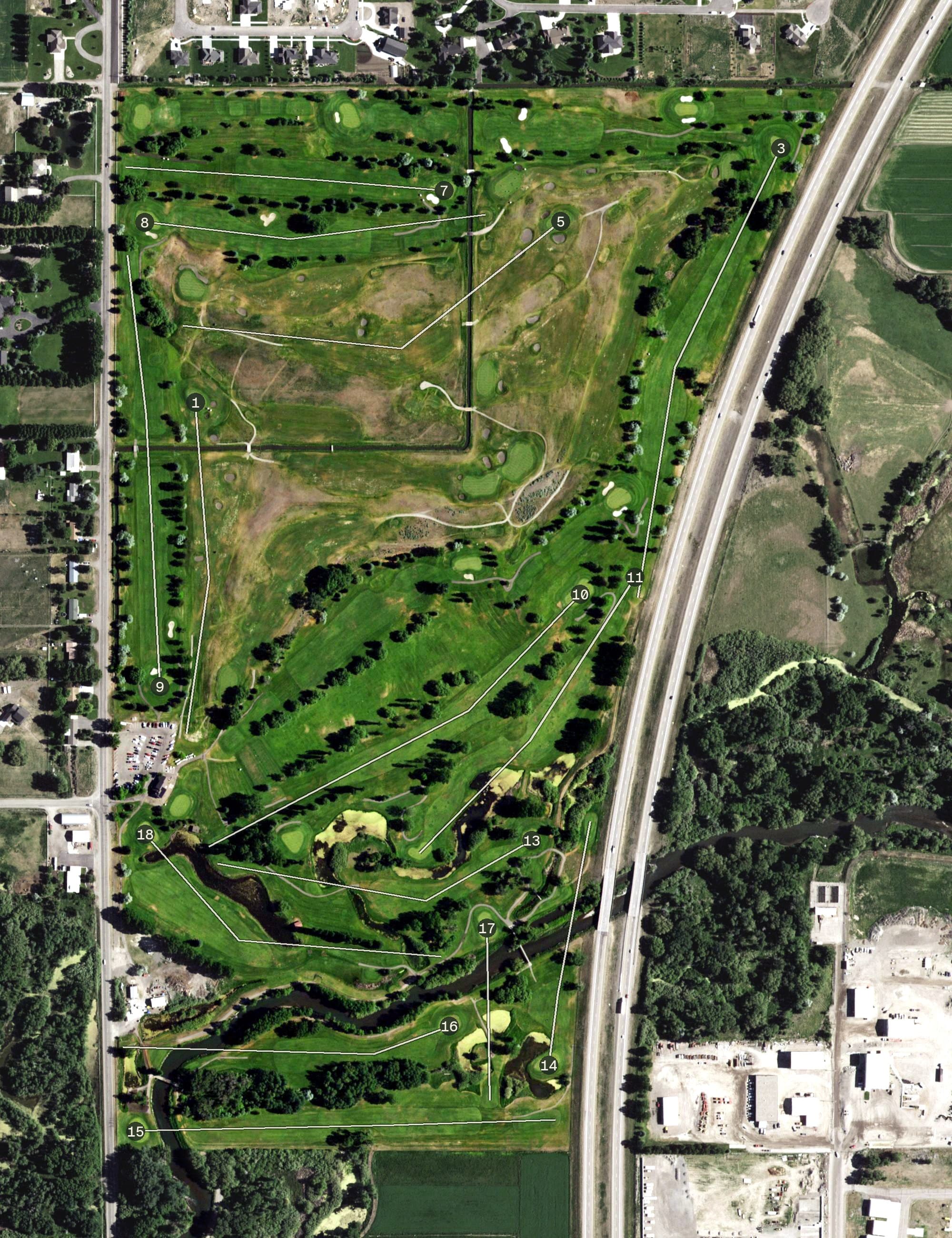 Aerial view of Teton Lakes Golf Course, ID, with its hole routing marked