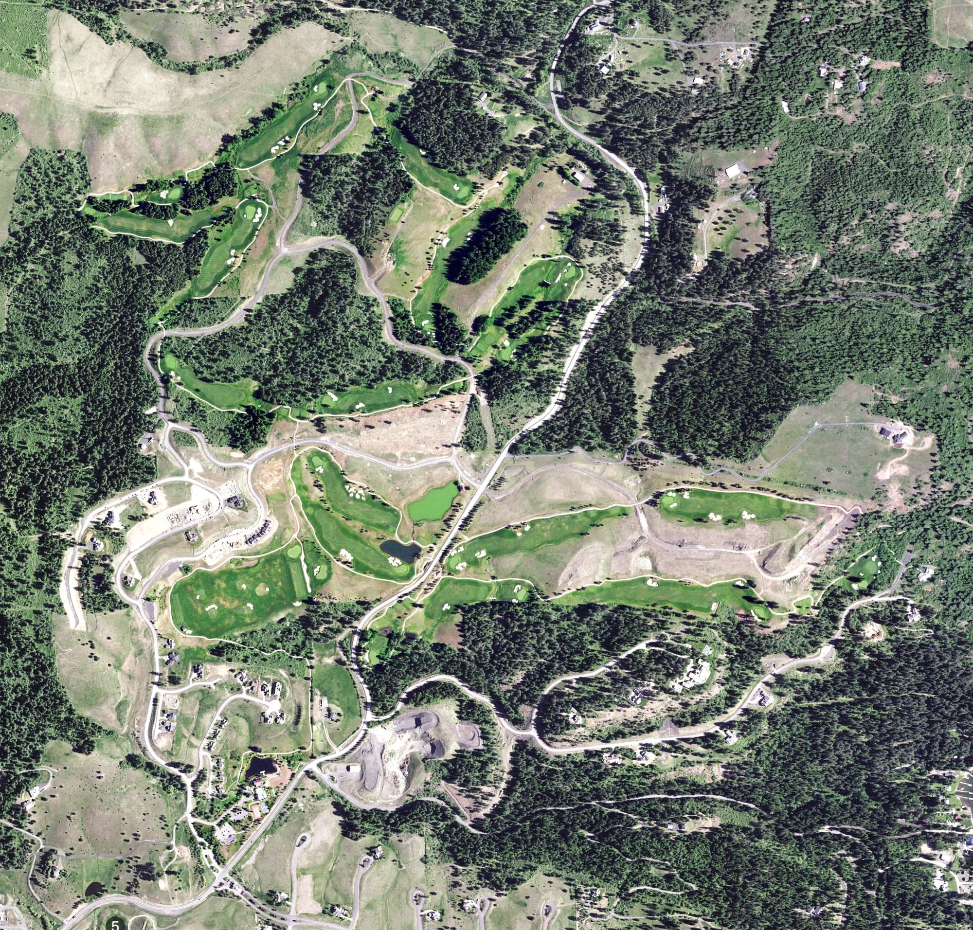 Aerial view of The Club at Rock Creek, ID, with its hole routing marked