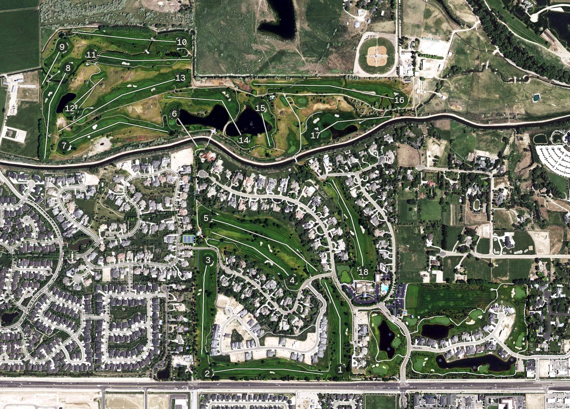 Aerial view of The Club at SpurWing Golf Course, ID, with its hole routing marked