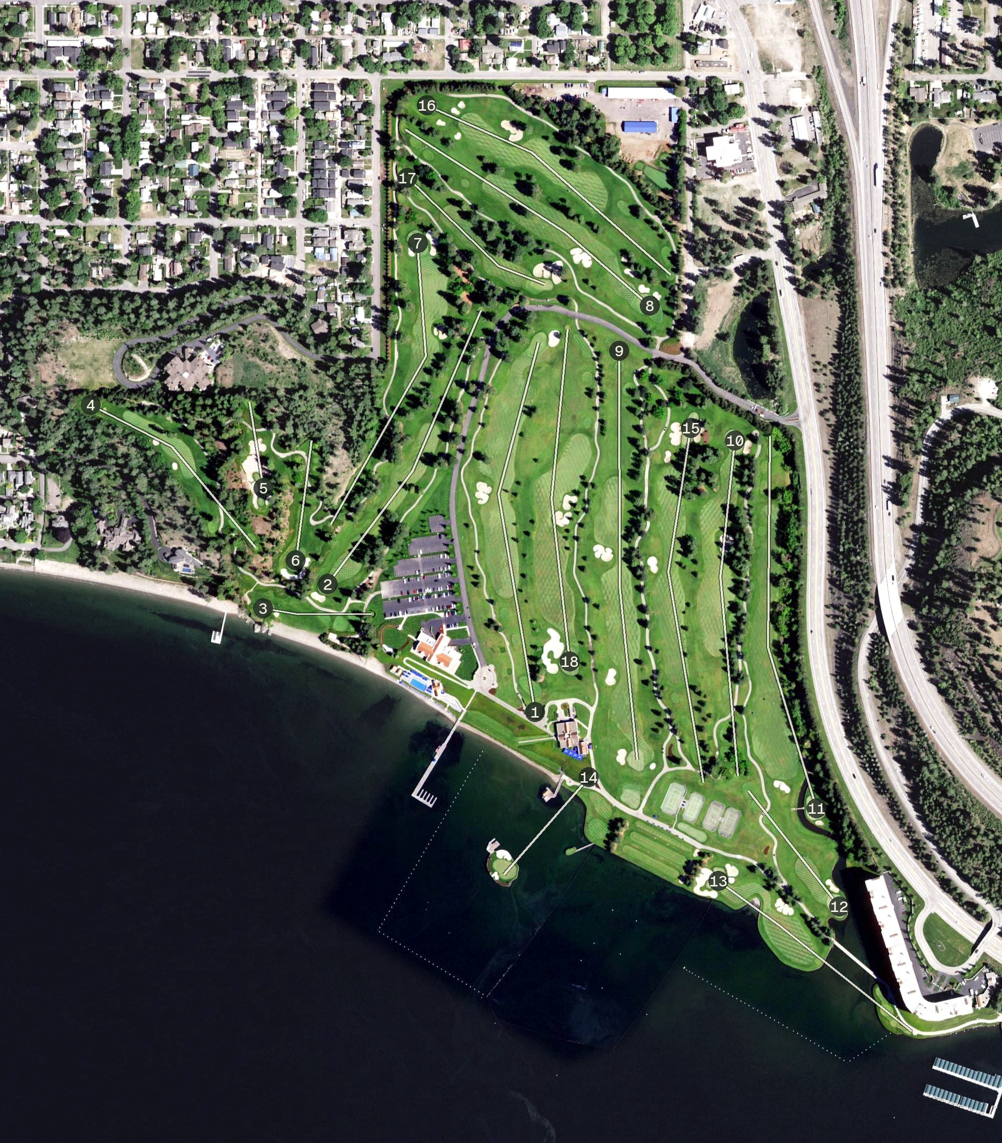 Aerial view of The Coeur d'Alene Resort Golf Course, ID, with its hole routing marked