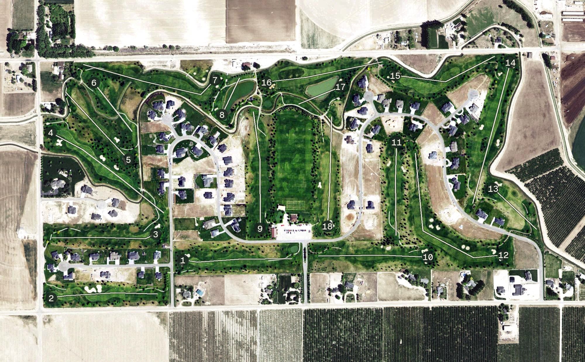 Aerial view of Timberstone Golf Course, ID, with its hole routing marked