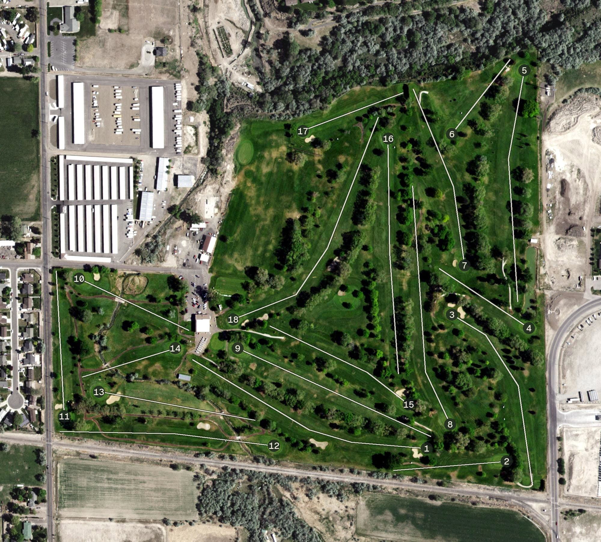 Aerial view of Twin Falls Golf Club, ID, with its hole routing marked