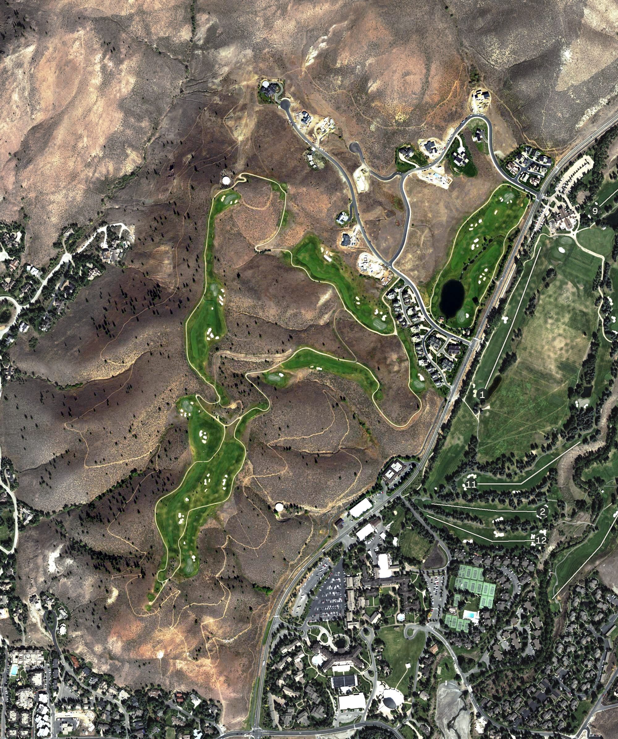 Aerial view of White Cloud Nine at Sun Valley, ID, with its hole routing marked