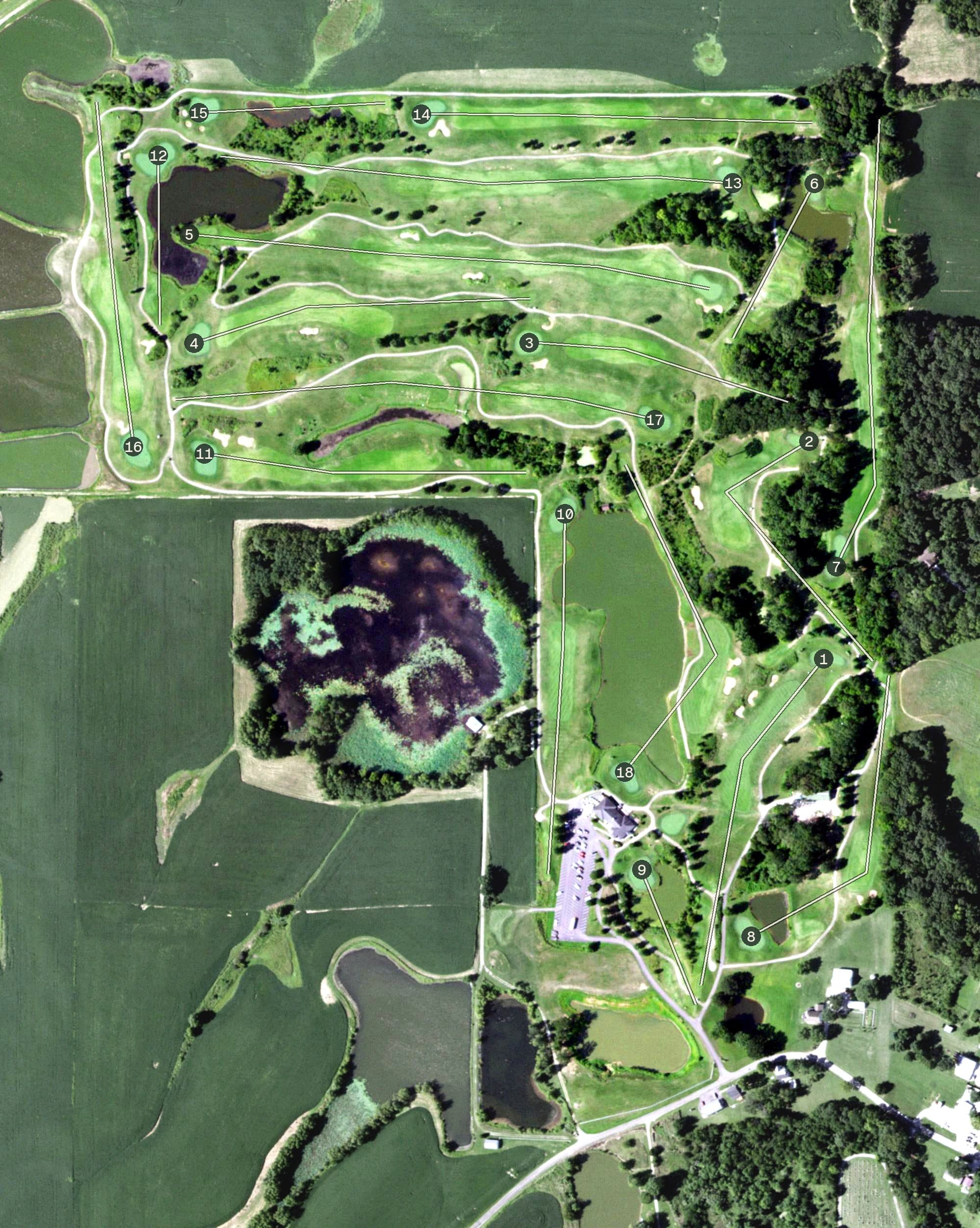 Aerial view of Acorns Golf Links, IL, with its hole routing marked