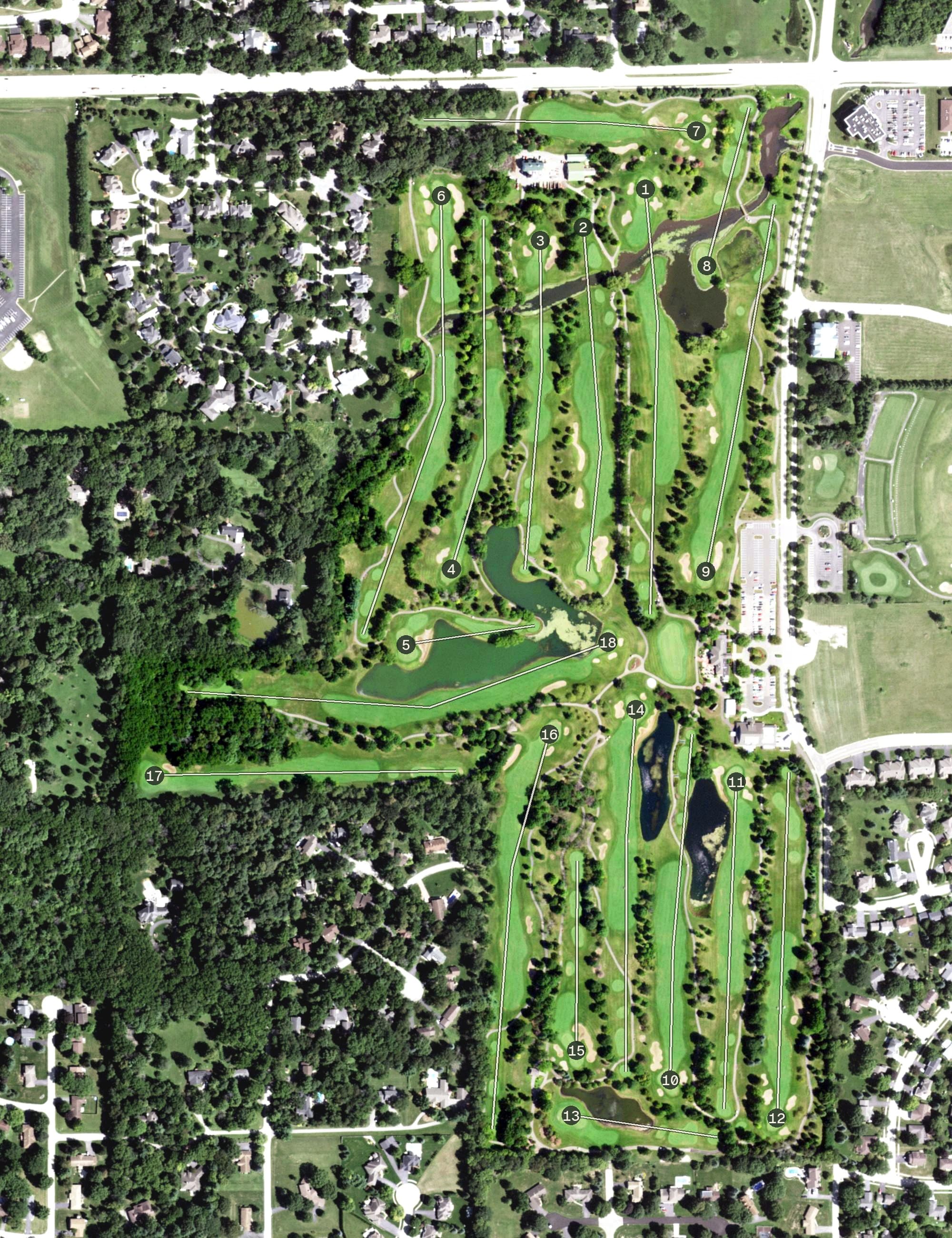 Aerial view of Aldeen Golf Club, IL, with its hole routing marked