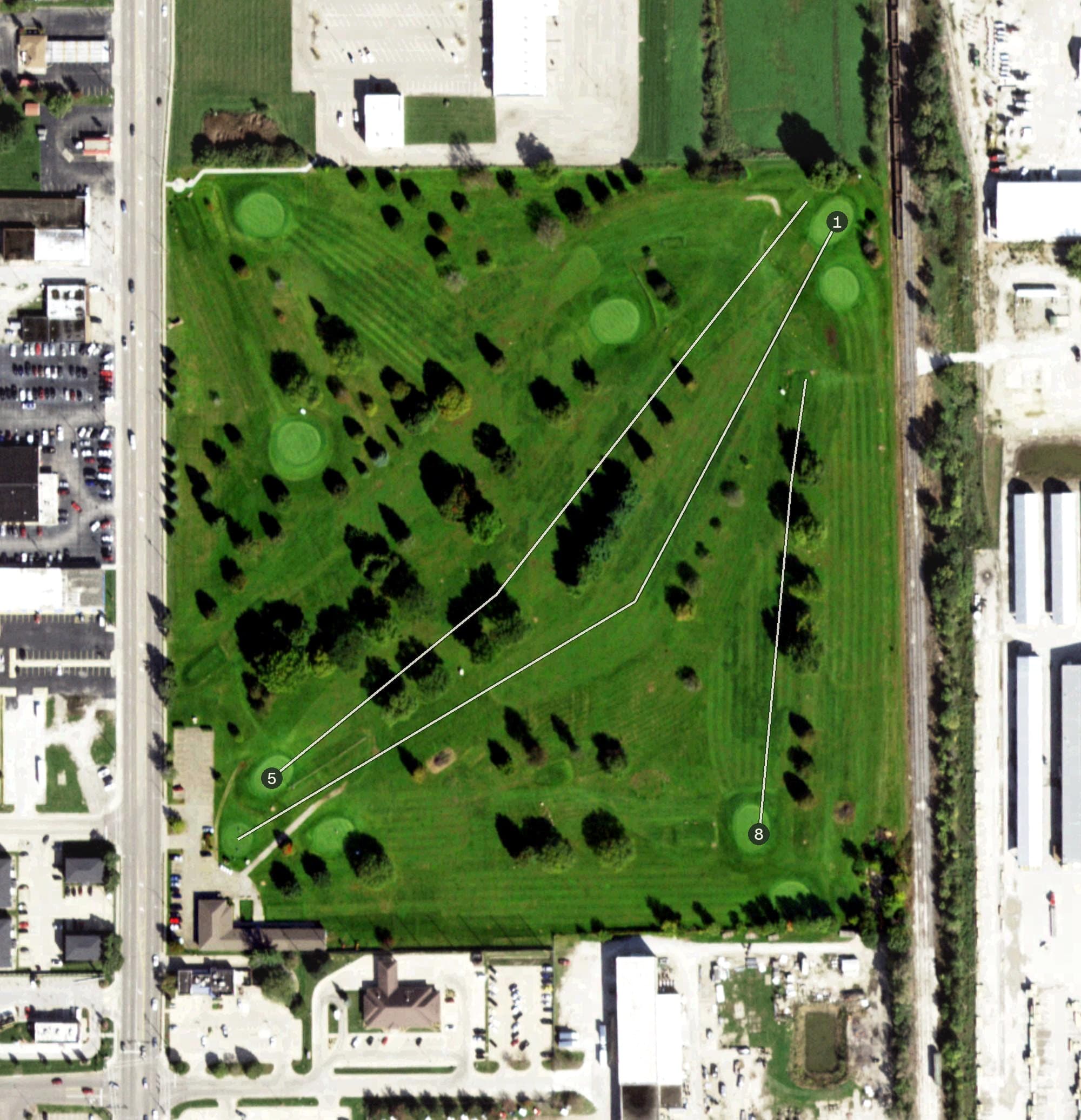 Aerial view of Anderson Fields Golf Course, IL, with its hole routing marked